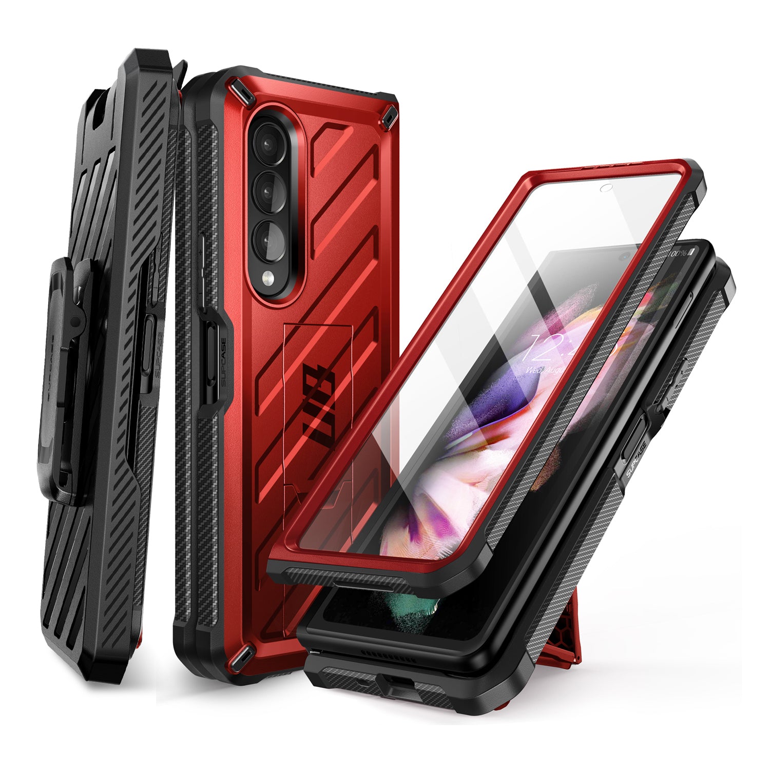 Samsung Galaxy Z Fold 3 Case with Built-in Kickstand & Screen Protector - Shockproof Heavy Duty Cover for Z Fold3 (Metallic Red) | Perfect for Work, Travel & Everyday Protection