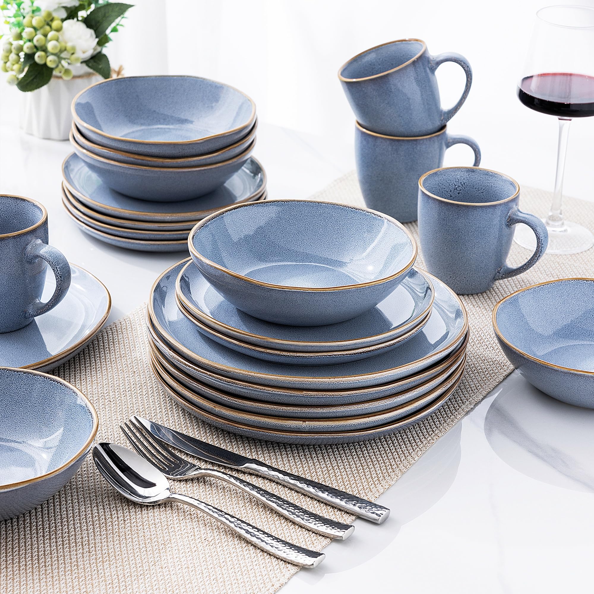 AmorArc Handmade Ceramic Dinnerware Set - 18-Piece Reactive Glaze Plates & Bowls | Chip & Crack Resistant, Dishwasher & Microwave Safe | Perfect for Family Dinners, Restaurant-Style Serving & Entertaining (Service for 6)