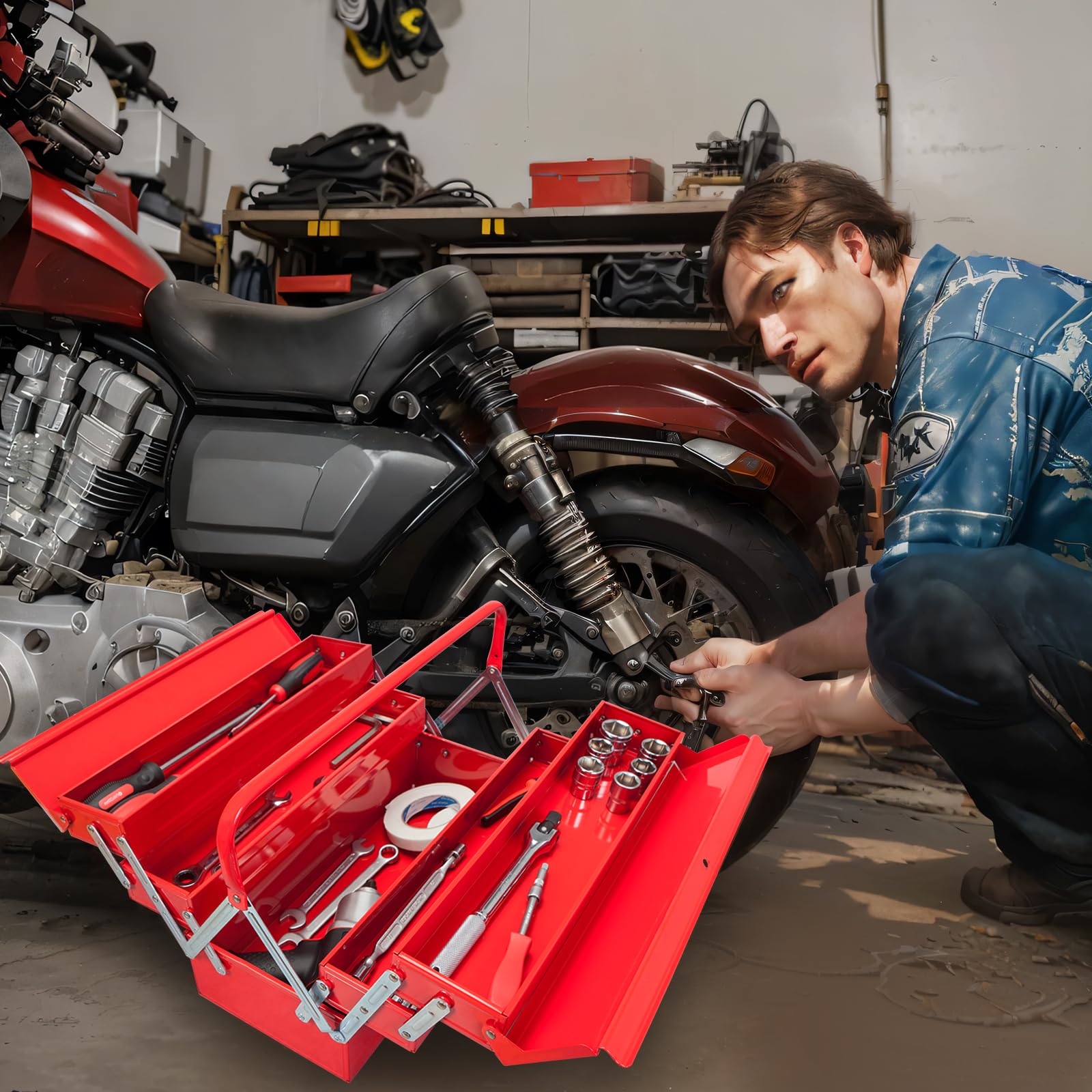 BIG RED 18-Inch Steel Toolbox with Locking Mechanism & 5 Cantilever Trays - Heavy Duty Portable Tool Organizer for Mechanics, DIY Enthusiasts - Perfect for Garage, Workshop & Job Site Organization
