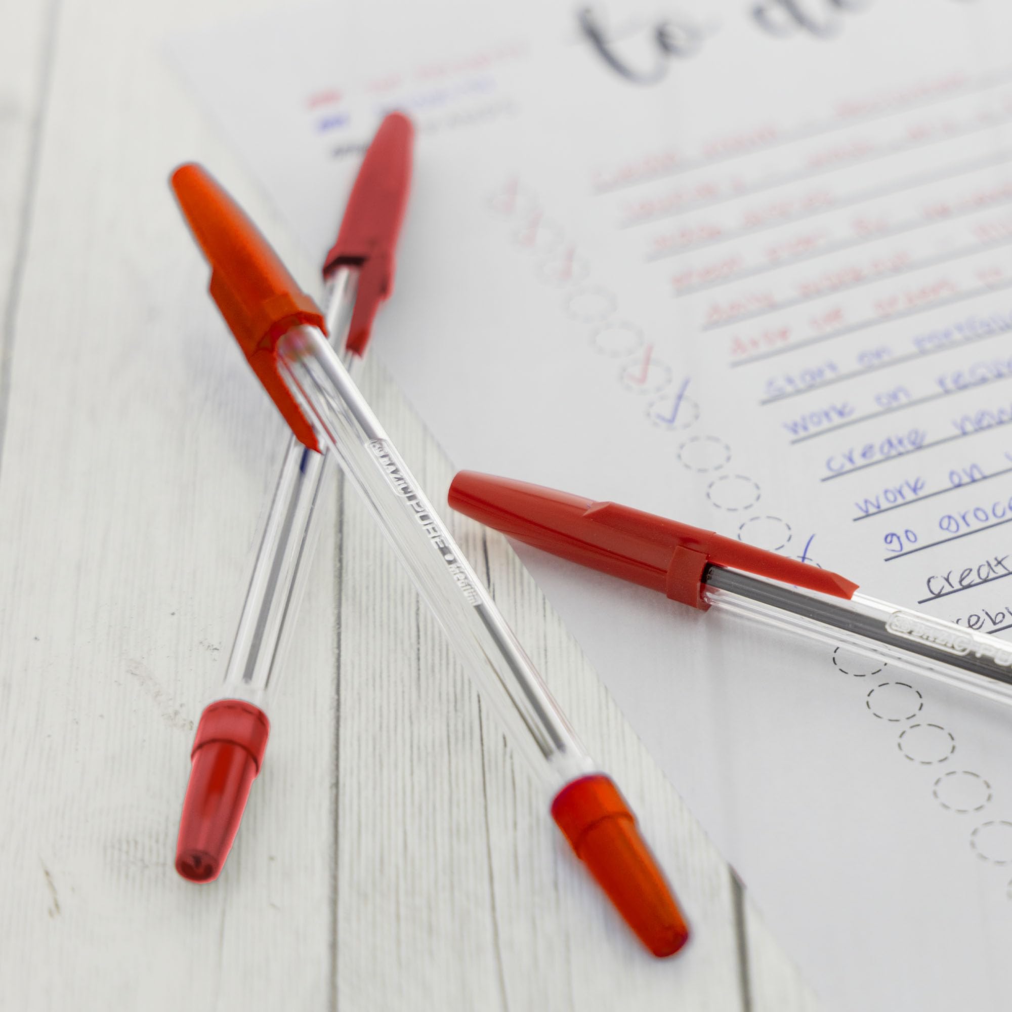 BAZIC Pure Red Stick Pens - 12 Pack of Smooth Writing Ballpoint Pens for Office, School & Note Taking