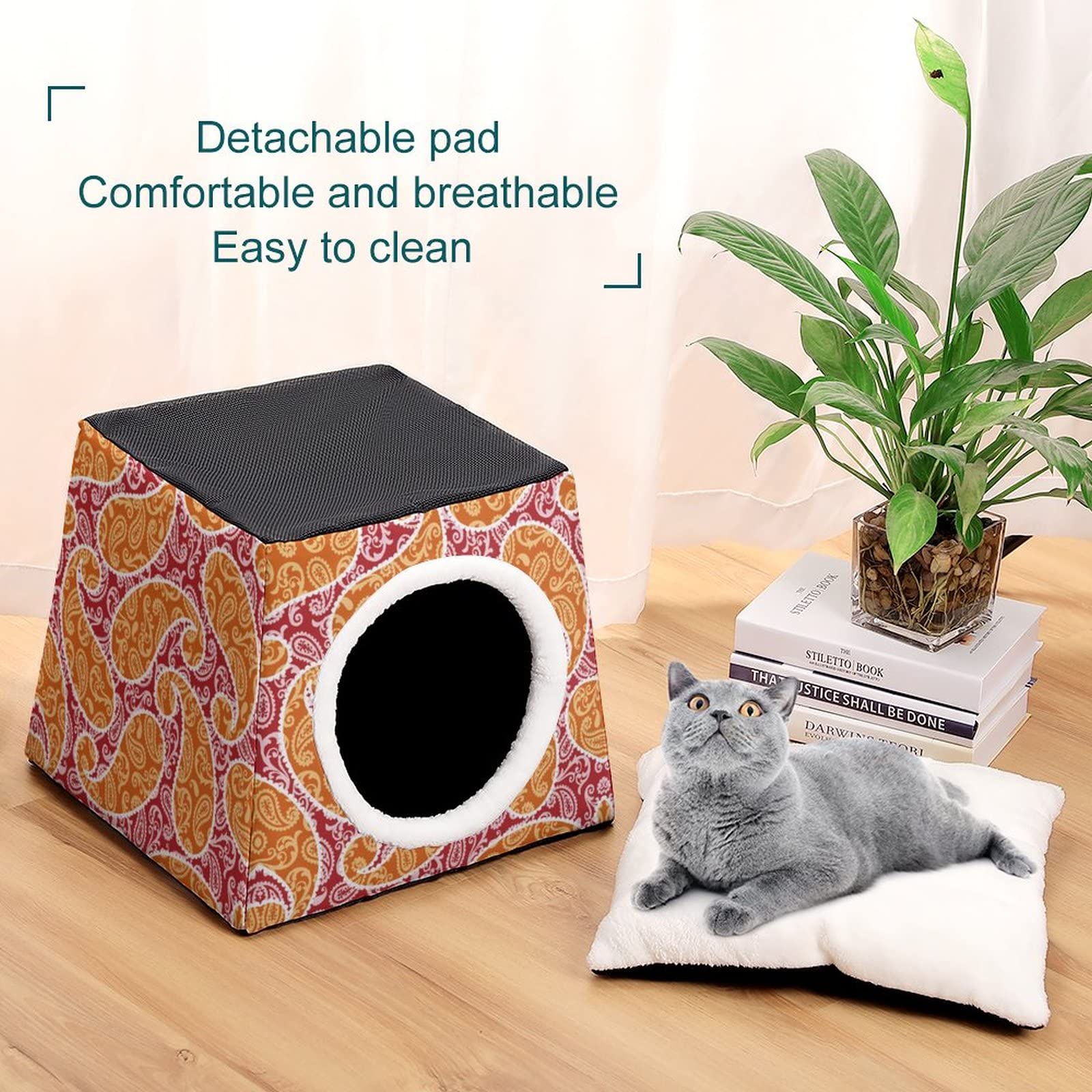 Printed Cat Cube Kitty House - Indoor Cat Bed & Small Dog Shelter - Warm & Cozy Pet Sofa with Red Yellow Paisley Design - Perfect for Napping, Playtime & Cozy Pet Spaces