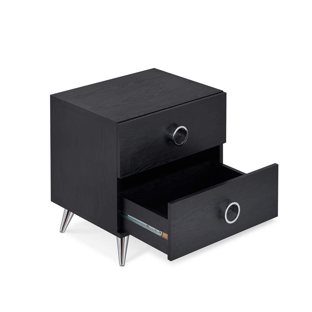 Black MYTUNES Night Stand with USB Ports - Modern Bedside Table with Storage Drawer for Bedroom, Living Room, or Office