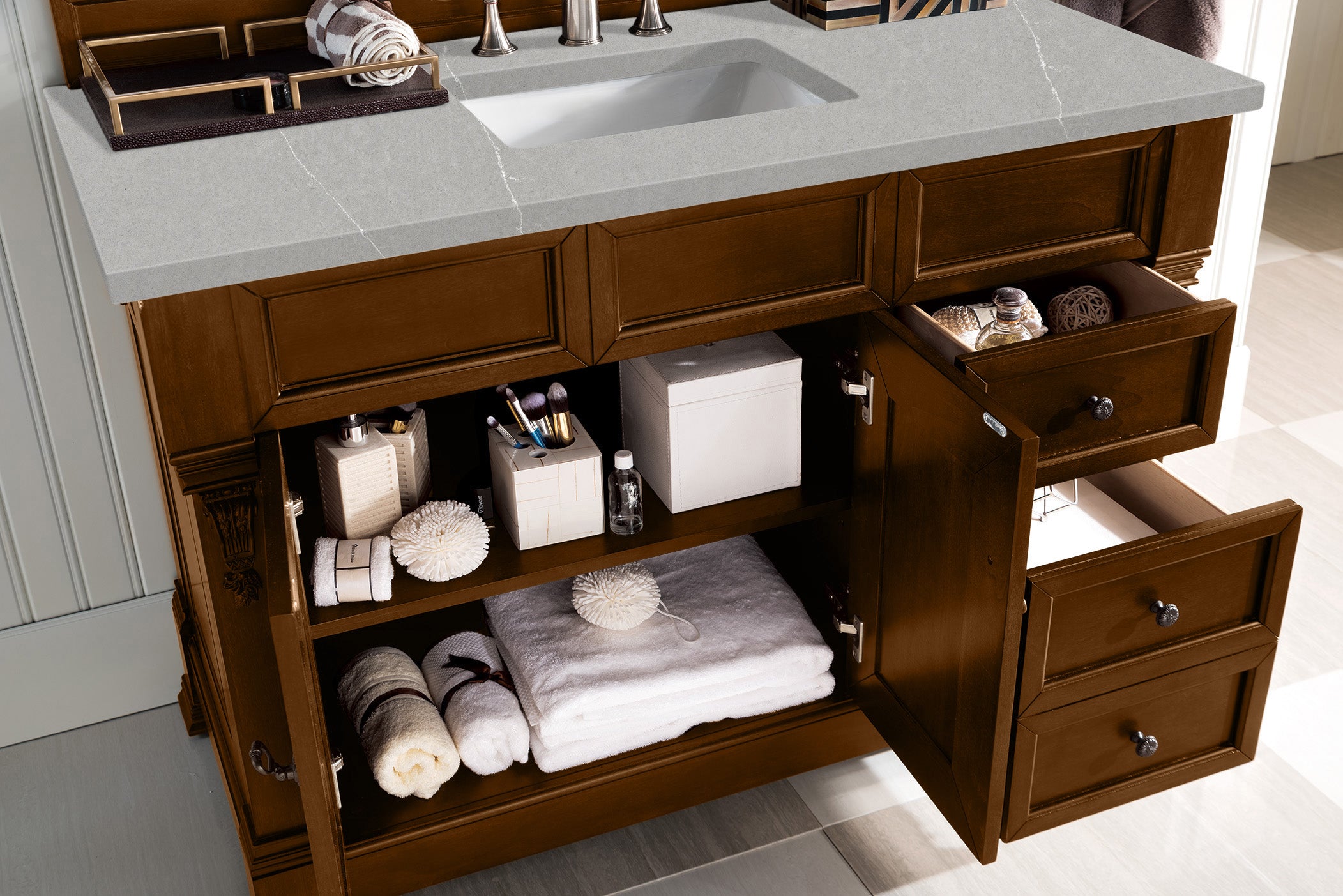 Brookfield 48 Inch Single Bathroom Vanity with Country Oak Finish & 3CM Eternal Serena Quartz Countertop - Perfect for Modern Farmhouse & Rustic Bathroom Designs