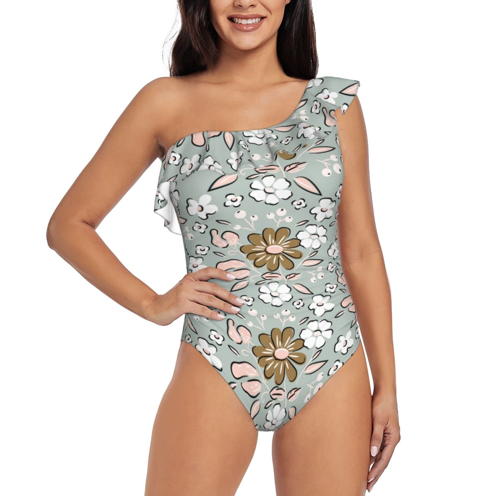 **Women's One Shoulder Asymmetric Ruffle One Piece Swimsuits - Floral Print Bathing Suits for Beach, Pool & Vacation**