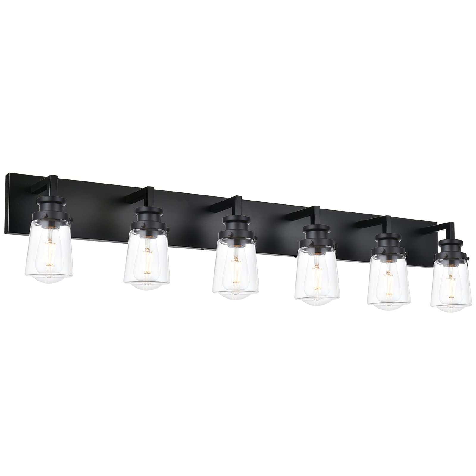 VINLUZ 6-Light Vintage Bathroom Vanity Light Fixture - Matte Black Farmhouse Metal Wall Sconce with Clear Glass Shade for Mirror Lighting | Perfect for Bathroom, Powder Room & Dressing Room Décor