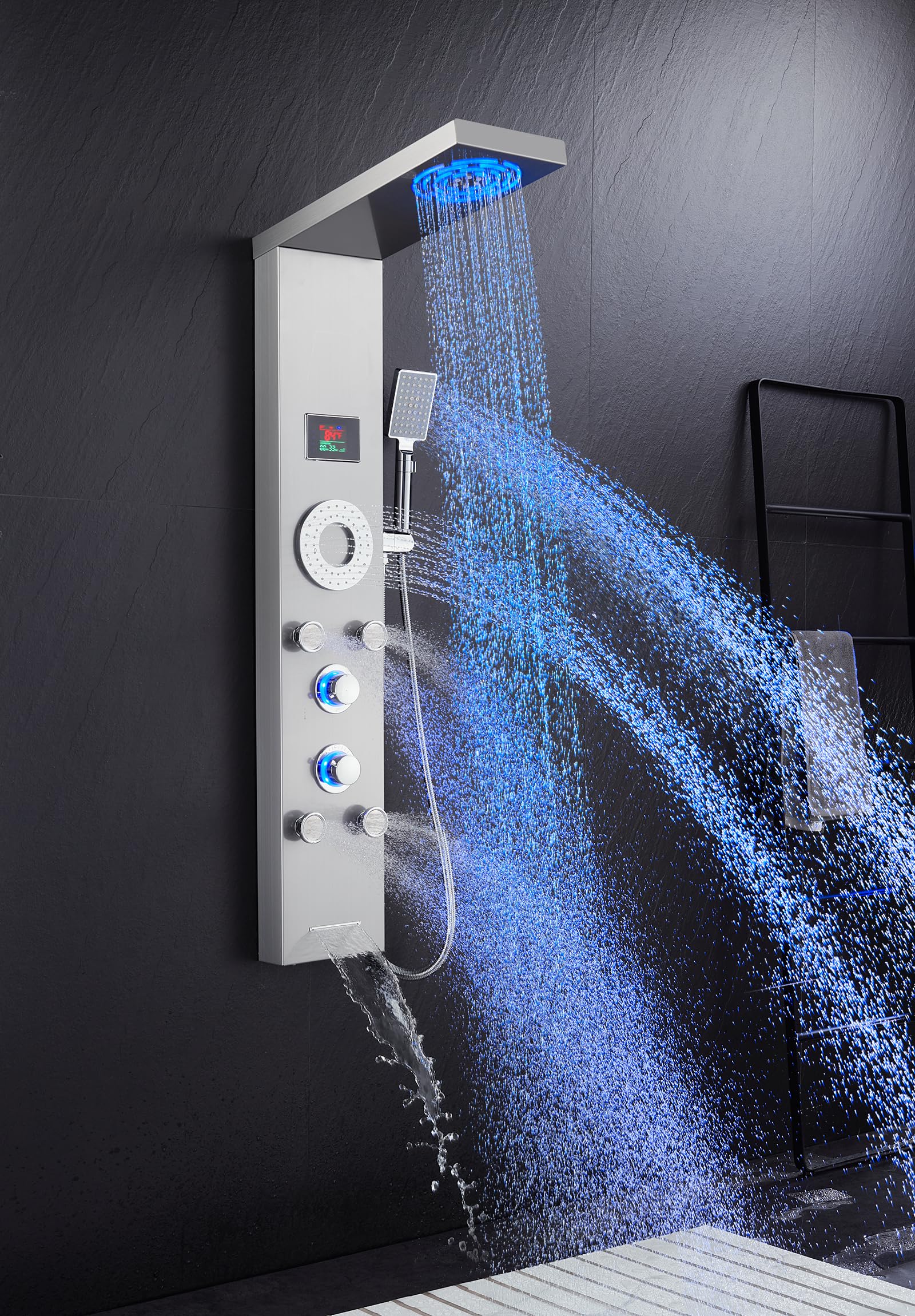 TSIBOMU LED Shower Panel Tower System with 5 Body Jets - Stainless Steel Rainfall & Mist Shower Tower, Handheld Shower & Tub Spout - Brushed Nickel Hydroelectric Temperature Display for Luxurious Bathroom Upgrade (Perfect for Modern Home Spa Experience)