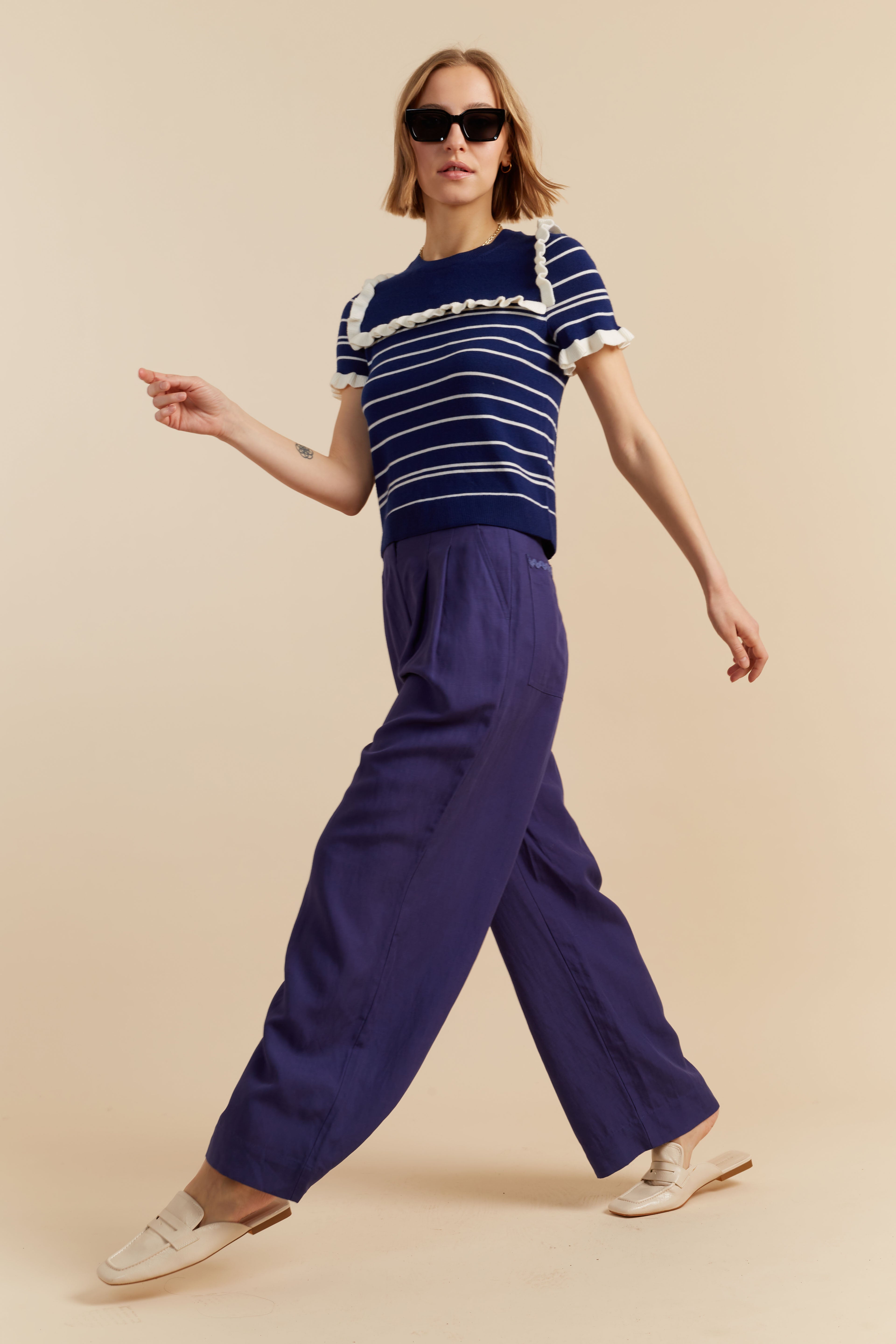 Blue Tencel Linen Pleated Pants for Women - Comfortable High Waisted Wide Leg Trousers for Office, Travel & Casual Wear