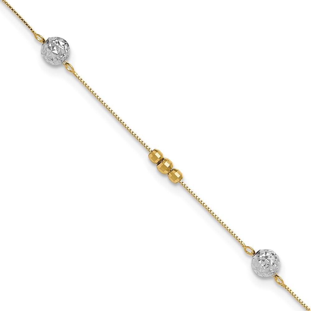 14K Yellow Gold Two-Tone Beaded Anklet Bracelet - 10