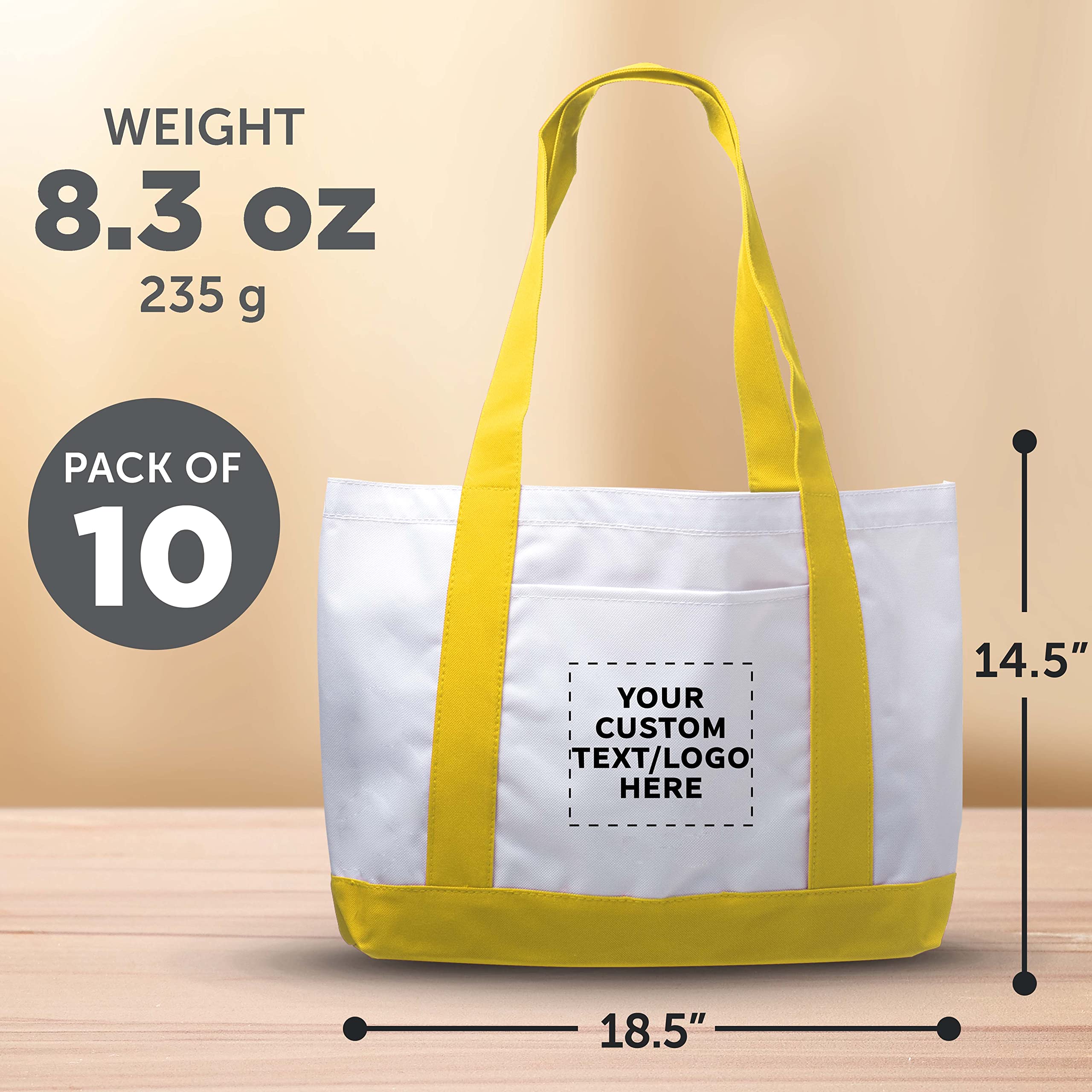 10 Pack Customizable Canvas Tote Bags with Reinforced Straps & Front Pocket - Fashionable Yellow Shoulder Bags for Shopping, Beach & Work - Bulk Wholesale Polyester Totes for Promotions & Events