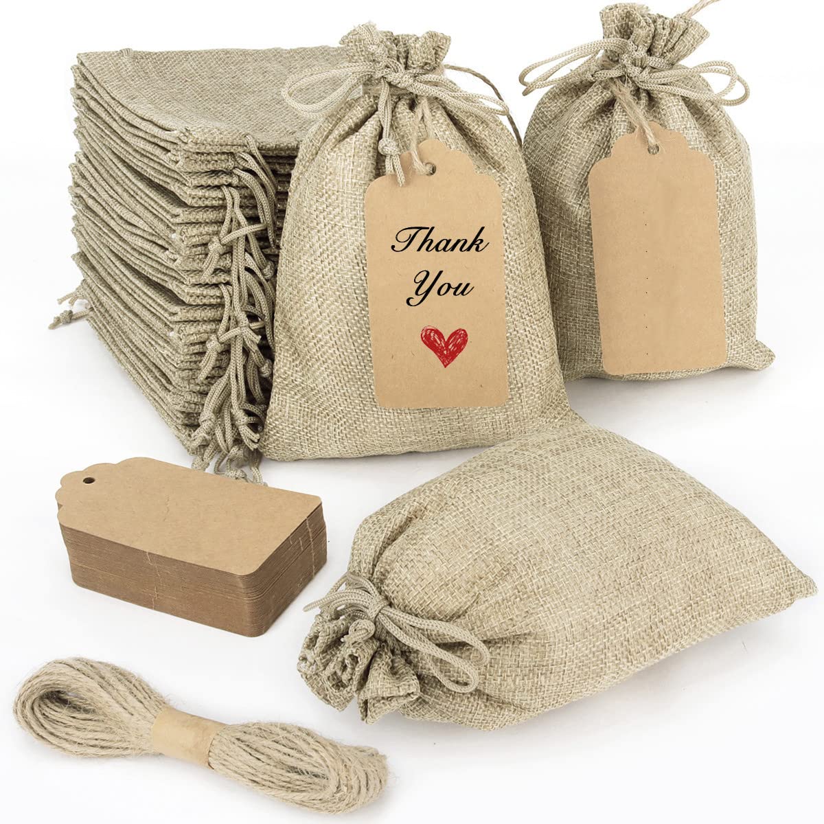 50pcs Small Drawstring Gift Bags with 50 Gift Tags - 4x5.5 Inch Burlap Fabric Pouches for Jewelry, Coffee & Party Favors - Bulk DIY Craft Supplies for Small Business | Perfect for Mother's Day Gifts, Wedding Favors & Handmade Crafts