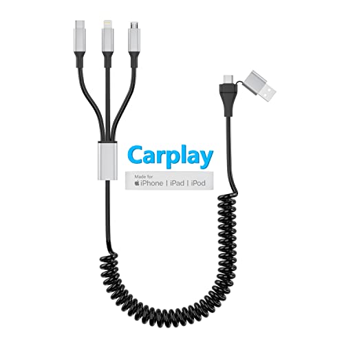 MFi Certified Coiled USB C to Lightning Cable for Apple CarPlay - 5-in-1 Multi Charging Cable with USB A/C to Type C+Micro USB+Lightning Connectors - Fast Charging & Data Sync for iPhone, iPad, Car & Home Use