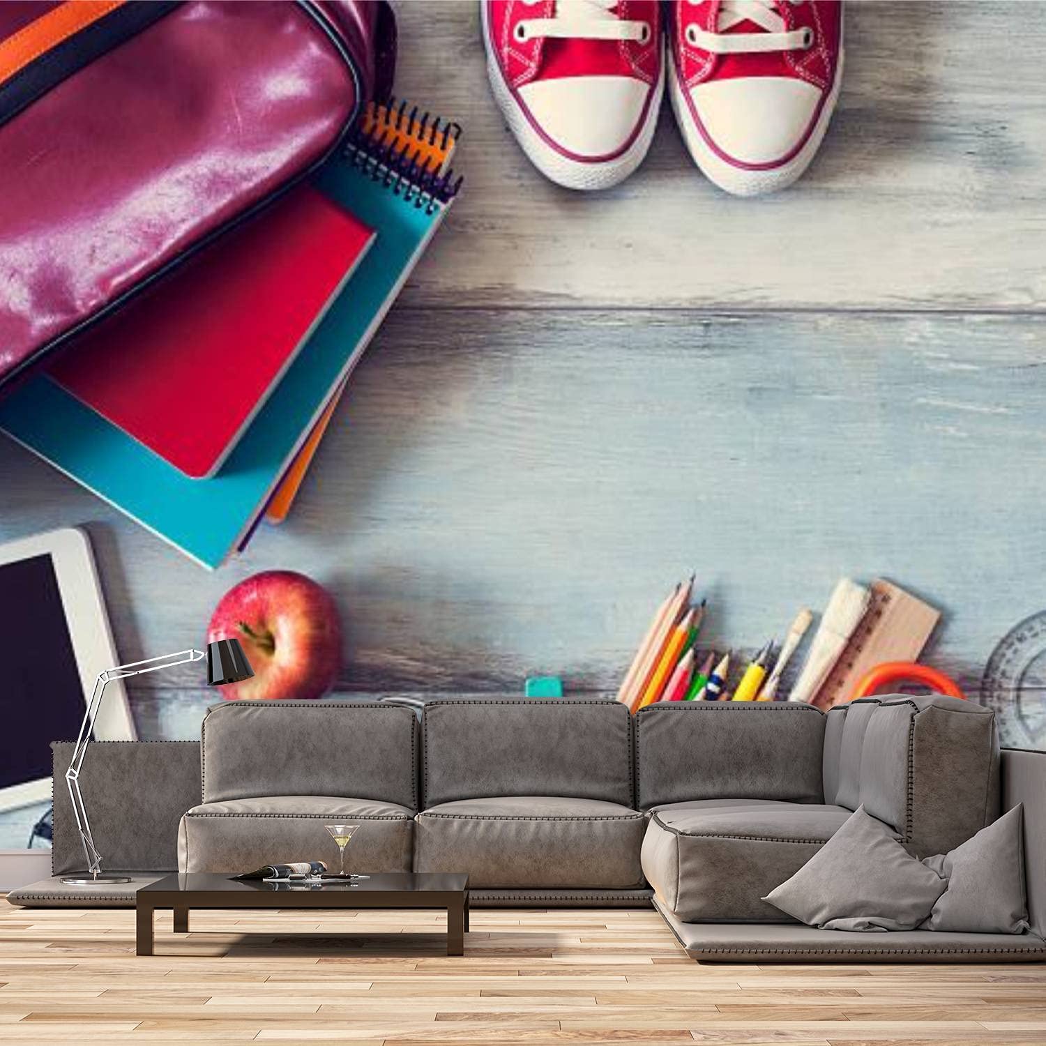 ARJRVIWNS Self-Adhesive Canvas Wallpaper - Modern Peel and Stick Wall Mural for School Supplies Theme, Wooden Background Design (100x144 Inch) - Perfect for Bedroom, Living Room, Classroom & Office Wall Decor