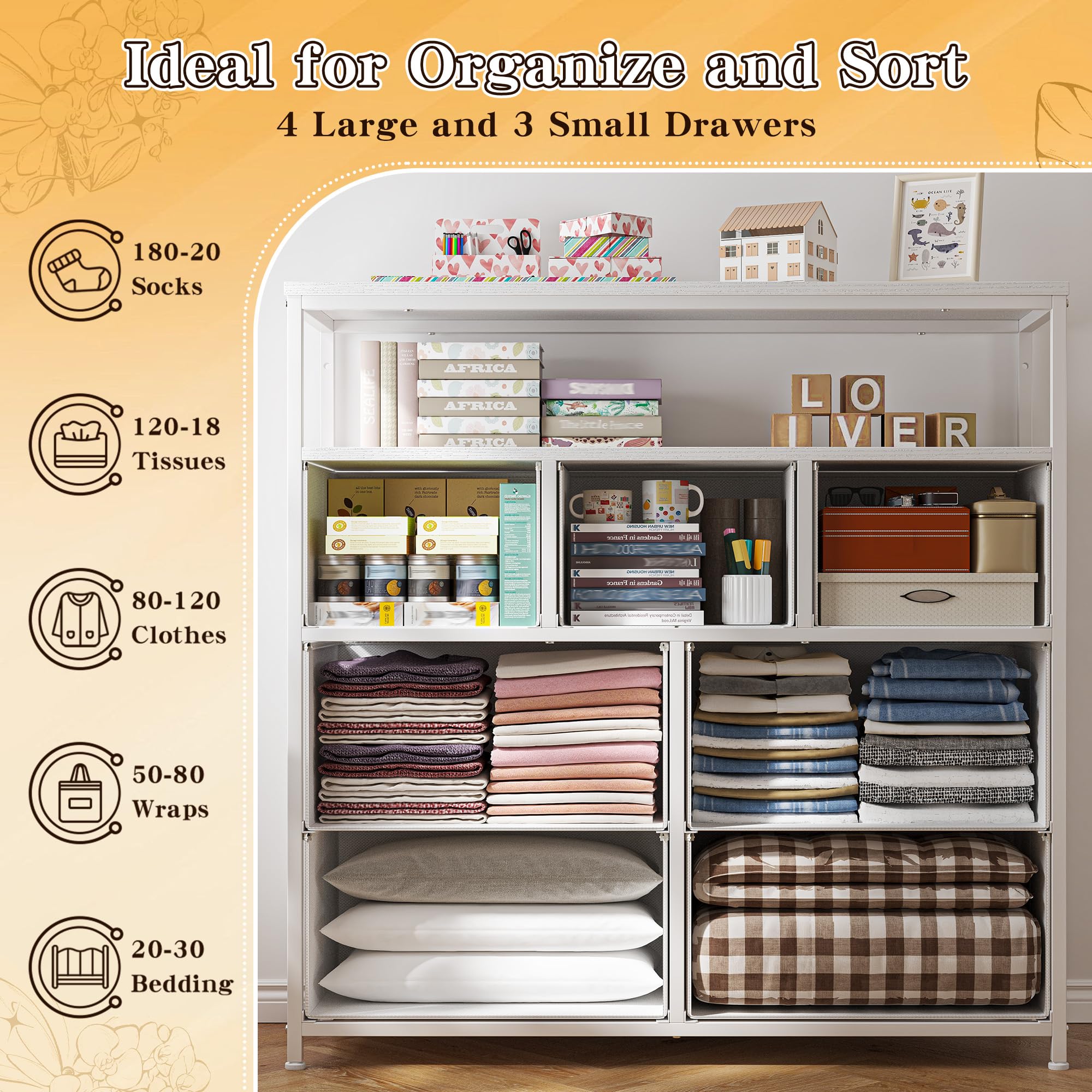 7-Drawer White Dresser with 2 Shelves & Wooden Top - Tall Bedroom Storage Cabinet, TV Stand & Closet Organizer - Sturdy Metal Frame Chest of Drawers for Home, Office, or Dorm Room Organization