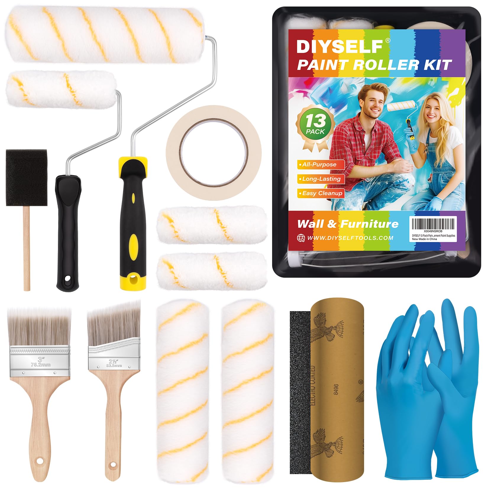 **DIYSELF 13-Piece Paint Roller Kit - 4/9 Inch Professional Wall Painting Set with Durable Roller Brushes & Tools for Home Interior Painting & DIY Projects**