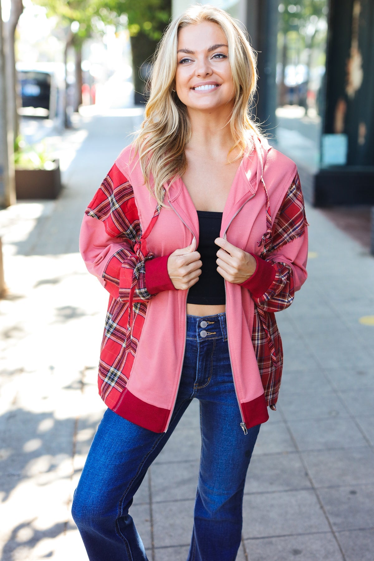 Stylish Marsala Plaid Color Block Zipper French Terry Hoodie for Women | Cozy Fall & Winter Outerwear | Perfect for Casual Outings, Lounge Wear and Street Fashion