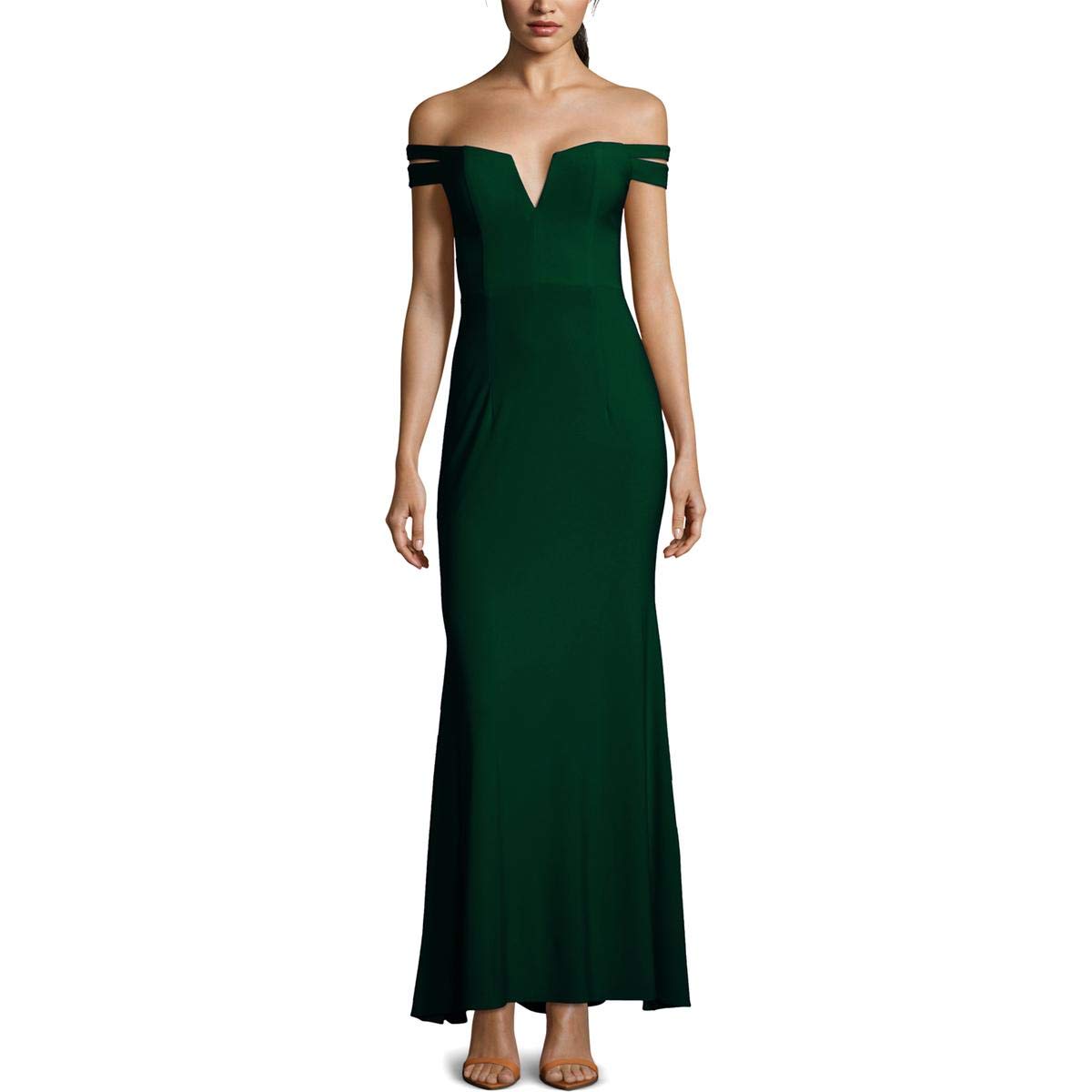 XSCAPE Women's V-Neck Off-the-Shoulder Formal Gown Dress for Evening Gala, Prom, Wedding & Special Occasions