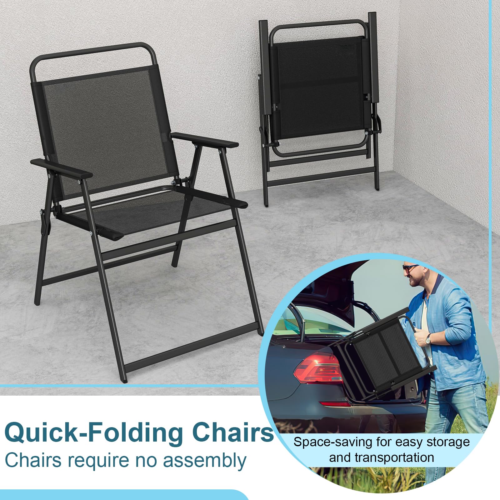 Tangkula 3-Piece Patio Fistro Set - 2 Folding Chairs with Coffee Table, Durable Steel Frame & Breathable Fabric, Compact Outdoor Furniture for Backyard, Poolside, Balcony, Garden or Patio (Black) - Perfect for Relaxing, Entertaining Guests or Enjoying Morning Coffee Outdoors