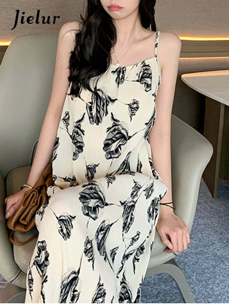 Women's Summer Beach Dress - Hollow Out Print Spaghetti Strap Square Neck Elegant Chic Dress for Vacation, Pool Party & Date Night