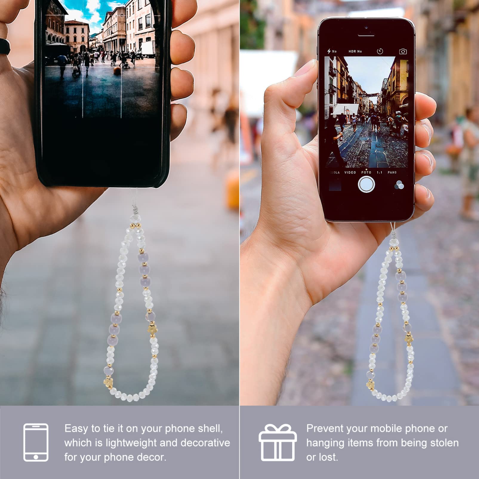 Beaded Phone Lanyard Wrist Strap - Adjustable Phone Charm Strap for iPhone Samsung - Grey Phone Accessory for Work, Travel & Photography
