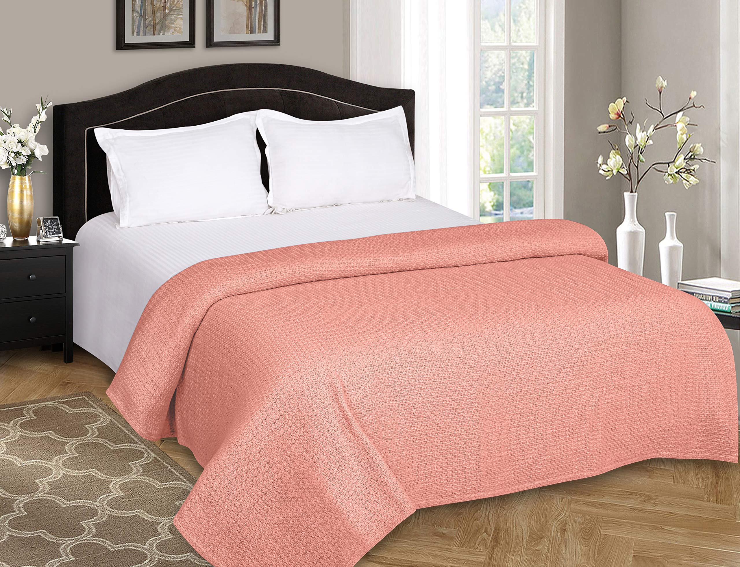 BELIZZI HOME 100% Cotton King Size Thermal Blanket - Breathable All Season Bed Blanket for Layering - Soft Peach Blanket for Bedroom, Living Room & Guest Room Comfort