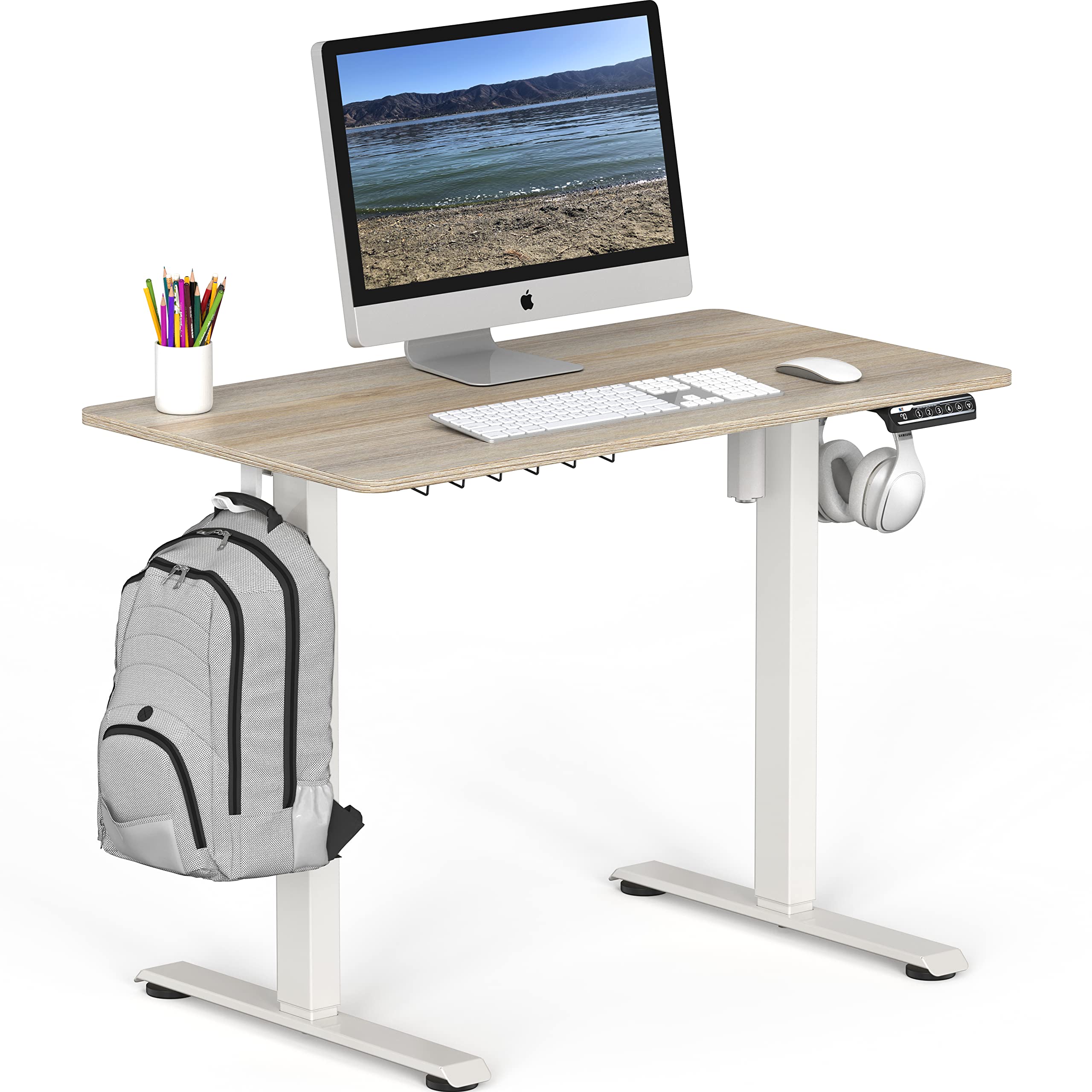 SHW 40 x 22 Inches Electric Height Adjustable Standing Desk - Sit to Stand Workstation with Hanging Hooks & Cable Management, White Frame & Maple Top - Perfect for Home Office, Gaming & Workspace Ergonomics