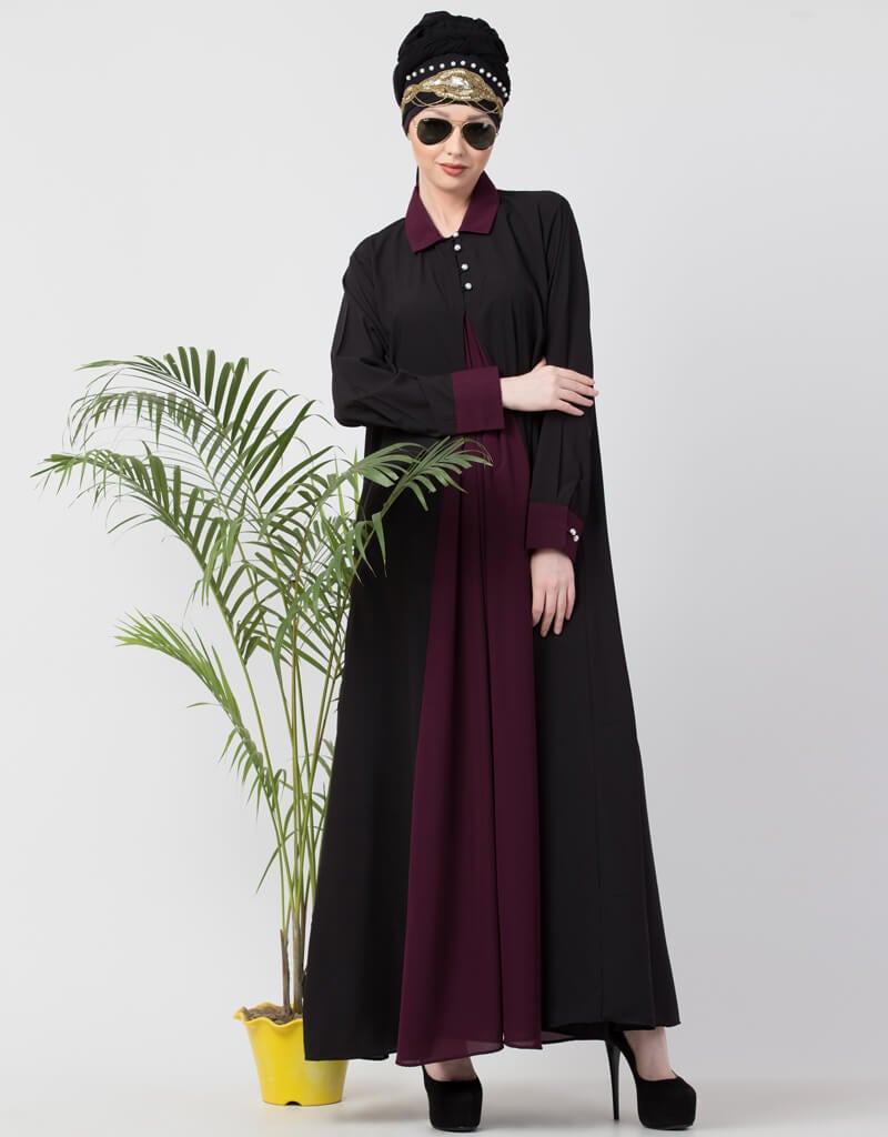 Elegant Arabic Contrast Yoke Black Wine Casual Abaya Dress - Perfect for Daily Wear, Prayer & Special Occasions