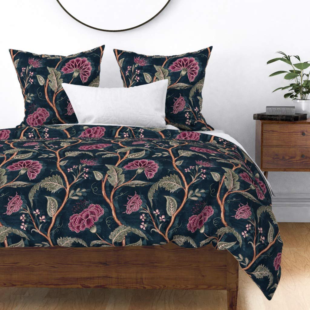 Custom Bohemian Print Cotton Sateen Duvet Cover Full/Queen Size - Midnight Romantic Traditional Texture Bedding Set for Cozy Bedroom Decor
