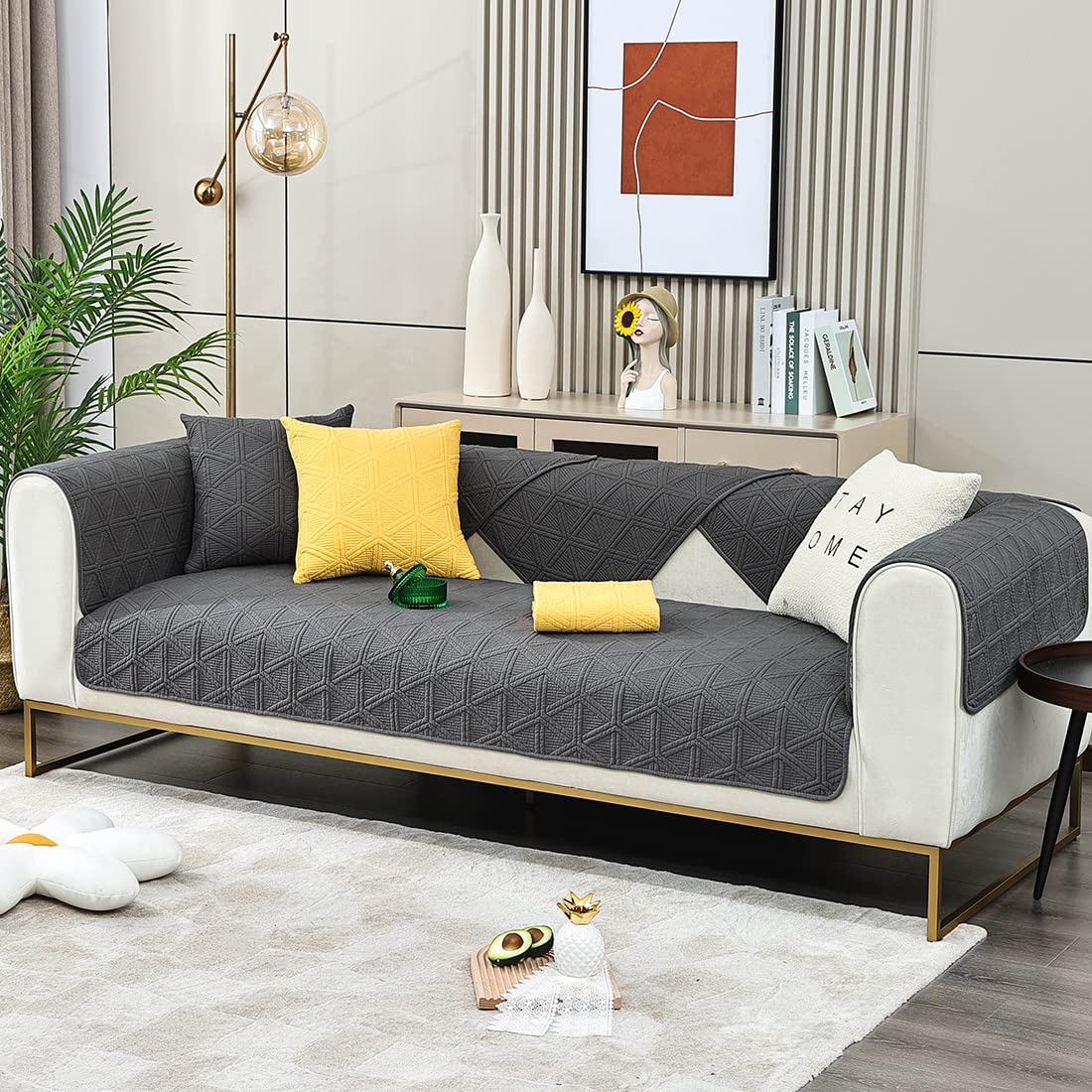 Geometric Embroidery Sofa Cover - Non-Slip Cotton Quilted Couch Slipcover with Triangle Pattern, Dark Gray 36x82 Inches - Perfect for Sectional Couches, Living Room Furniture Protection & Home Decor
