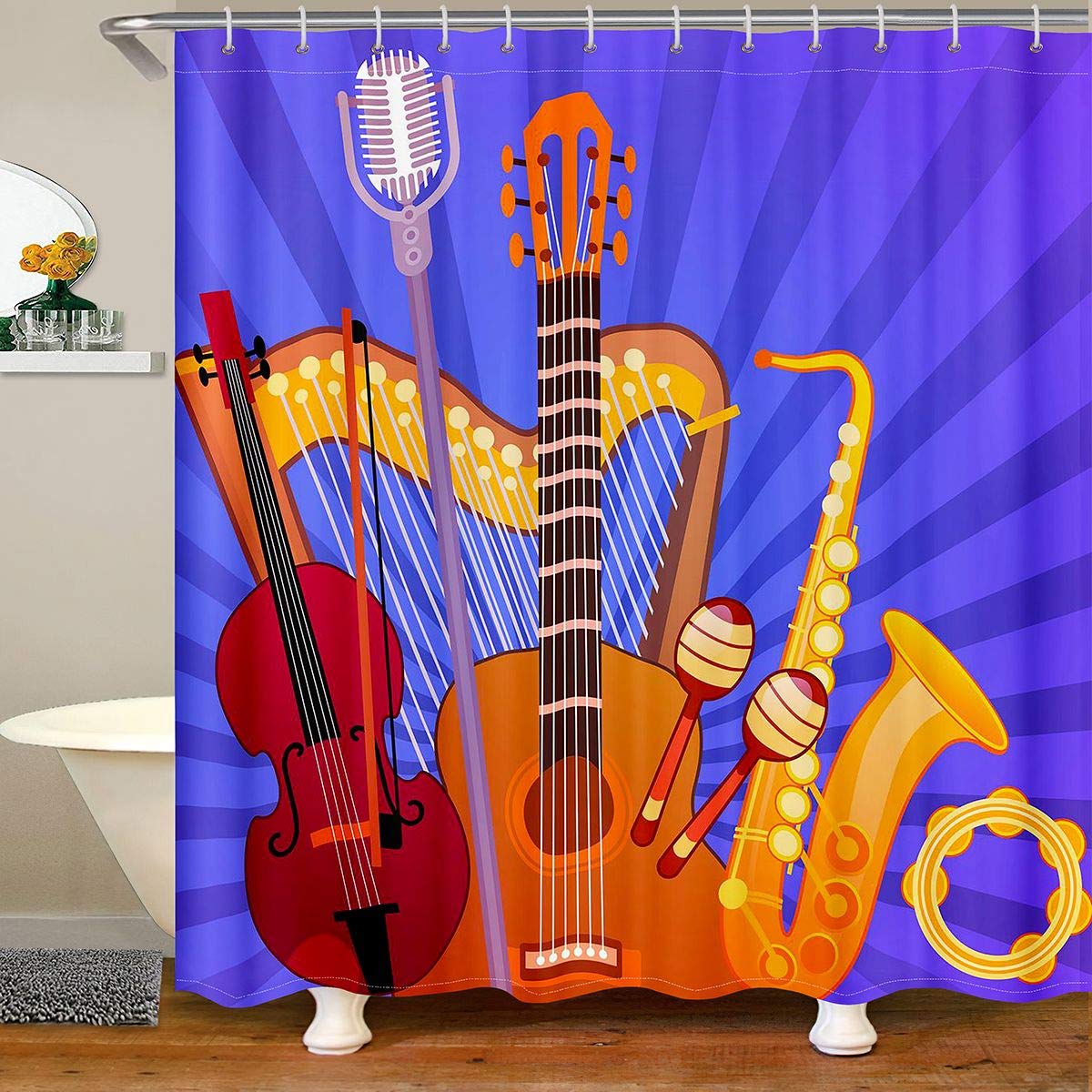 Feelyou Waterproof Guitar Shower Curtain 72x84 Inches - Music Themed Bathroom Decor for Kids & Teens - Vibrant Yellow Musical Instruments Pattern - Perfect for Children's Bathroom, Dorm Room & Music Lover Gifts