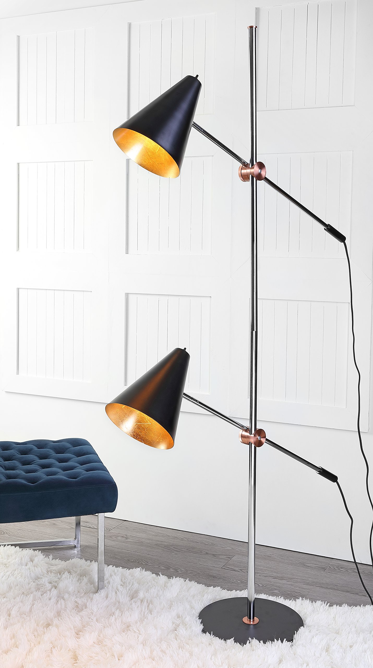 SAFAVIEH Reed Modern Contemporary Scandinavian Retro Chrome/Black 71-inch 2-Light Floor Lamp with LED Bulbs - Perfect for Living Room, Bedroom & Home Office Lighting