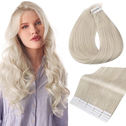 18 Inch Full Shine Tape in Hair Extensions - 100% Human Hair - 40 Pieces (100g) - Color 1000 White Blonde - Invisible Tape Extensions for Natural Look - Perfect for Daily Wear, Parties & Special Occasions
