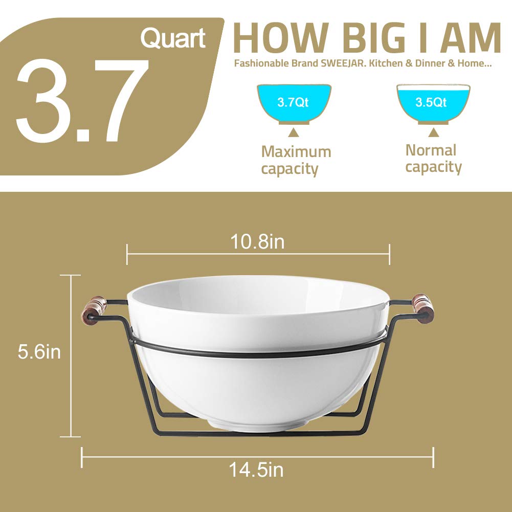 Sweejar 3.7 Quart Porcelain Serving Bowl for Salad, Popcorn, Fruit & Snacks - 138oz Large Mixing Bowl with Stand - Perfect for Family Gatherings, Parties & Entertaining (Turquoise)