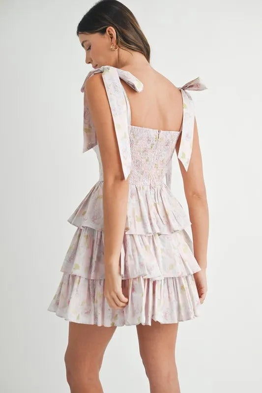 Floral Print Shoulder Tie Layered Mini Dress for Women - Summer Casual Party Beach Dress | Perfect for Date Night, Vacation & Outdoor Events