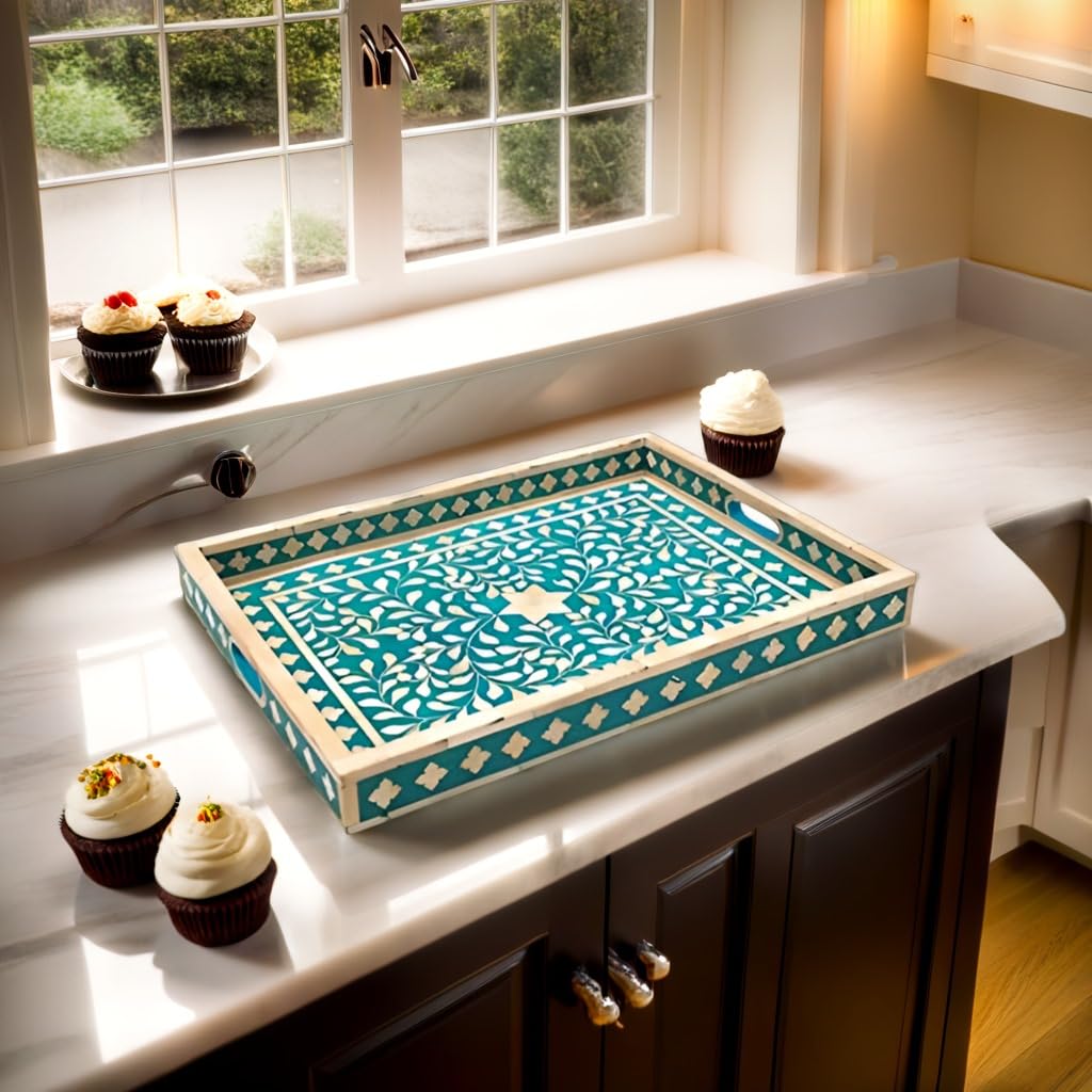 Handmade Antique Bone Inlay Serving Tray - Decorative Wooden Food Platter for Breakfast in Bed, Ottoman Style Blue Home Decor Tray | Perfect for Tea Service, Cheese Board & Gift Giving - Fairdeal Handicrafts