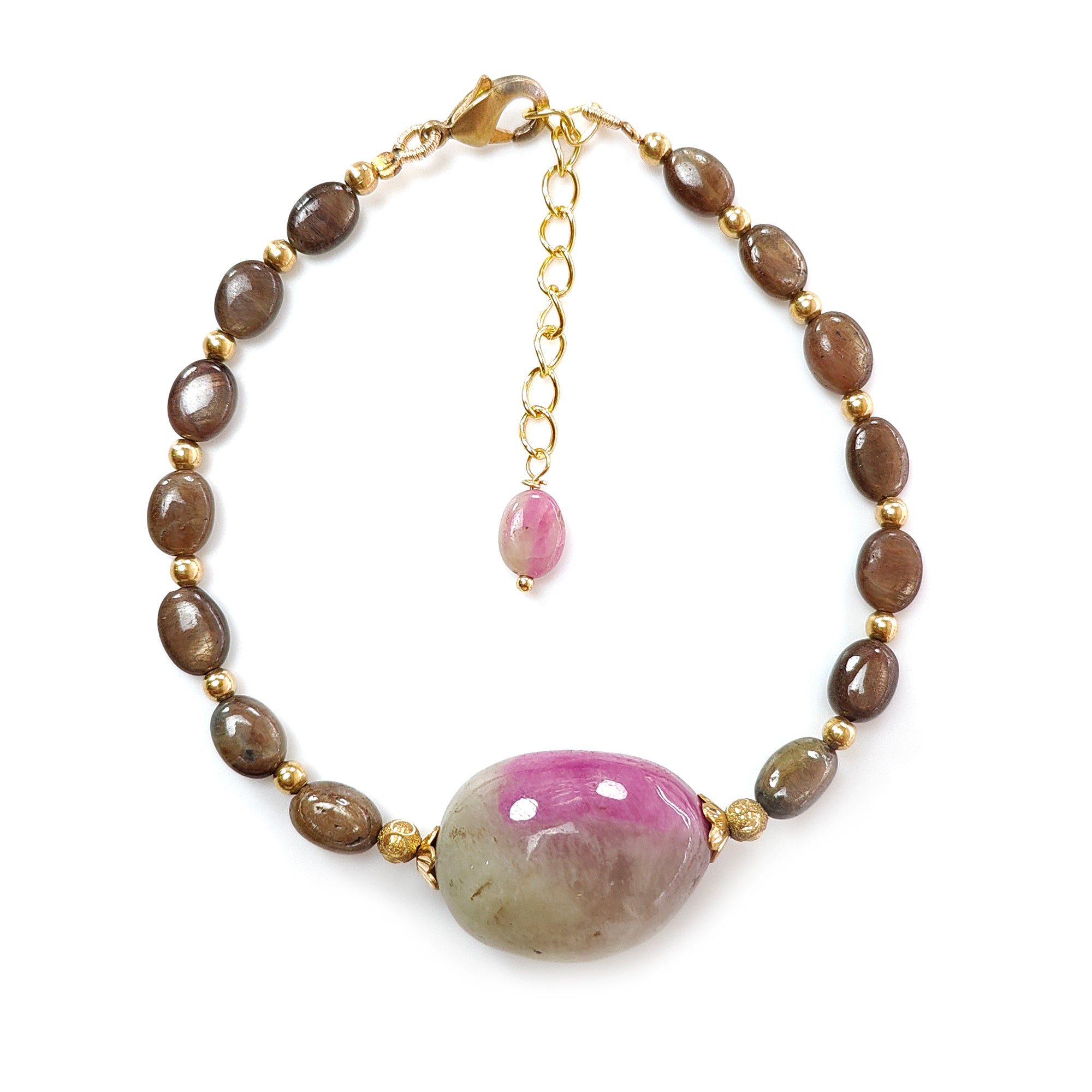 Golden Brown Chocolate Sapphire Beads Bracelet - 83.20cts Natural Untreated Zoisite Ruby Oval Brass Bracelet (8x6mm, 23x18mm) for Women's Jewelry, Boho Fashion & Gift Giving