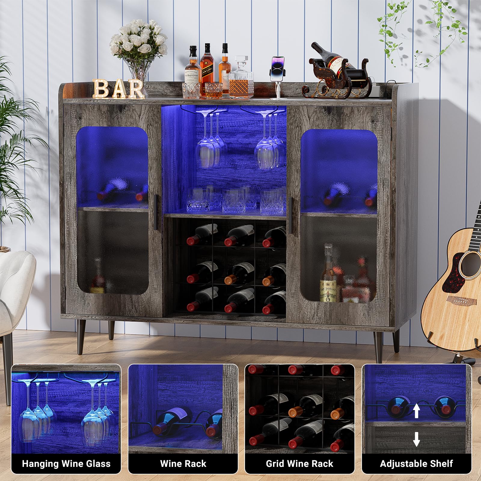 Black Oak Liquor Cabinet Bar with Power Outlet & LED Lights - Wine Storage Cabinet with Glass Rack for Kitchen, Dining Room - Perfect for Home Bars, Entertaining Guests & Wine Storage
