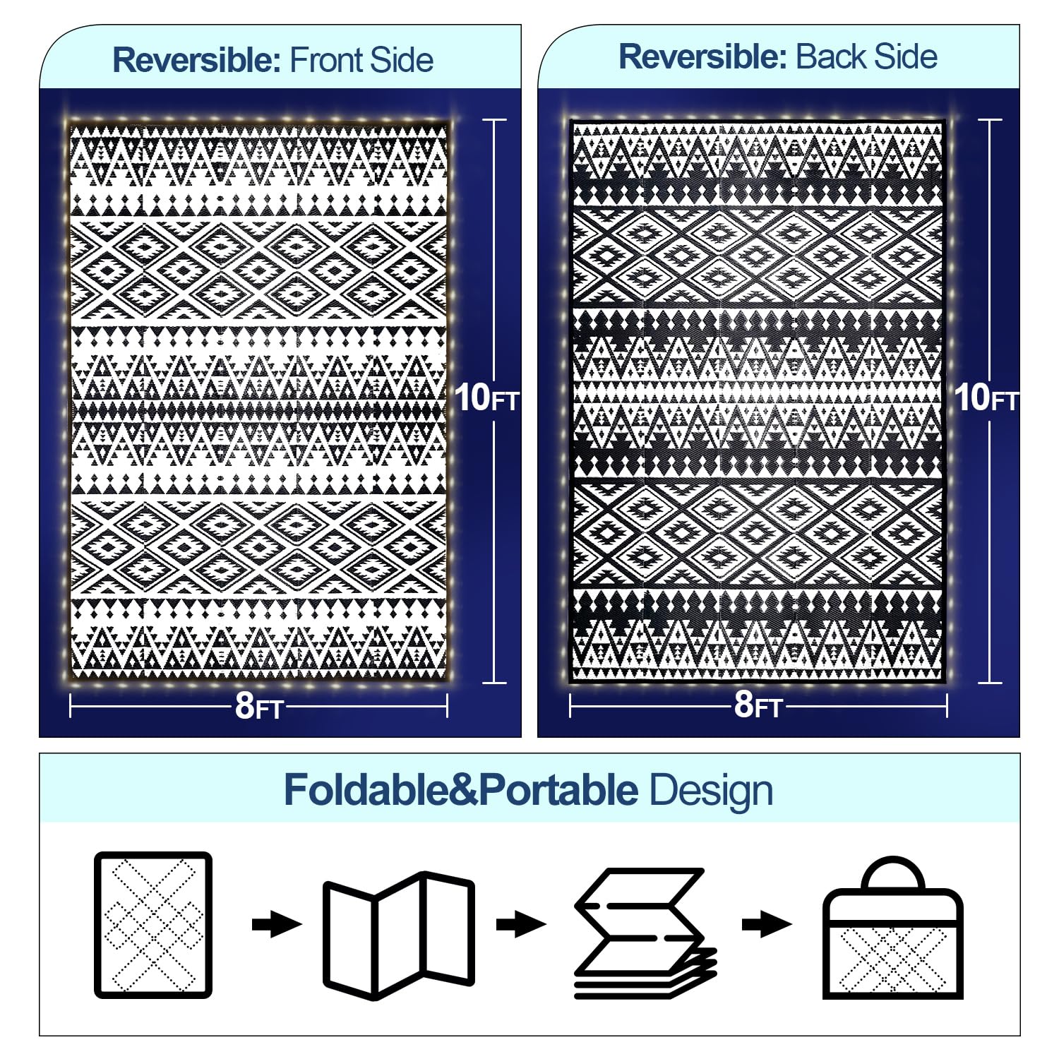 **8x10ft Waterproof Reversible Outdoor Rug with LED Strip Lights – Plastic Straw Mat for Patio, Deck, RV, Camping, Porch, Backyard & Balcony – Black & White Design – Perfect for Nighttime Gatherings & Outdoor Decor**