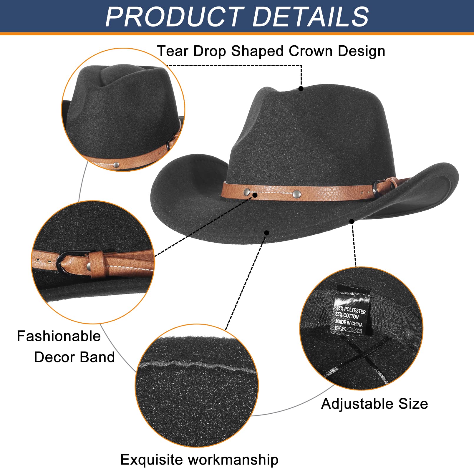 GEMVIE Crushable Roll-Up Brim Cowboy Hat for Men & Women - Western Style Cowgirl Hat with Belt Buckle - Perfect for Rodeo, Country Music Festivals & Outdoor Adventures