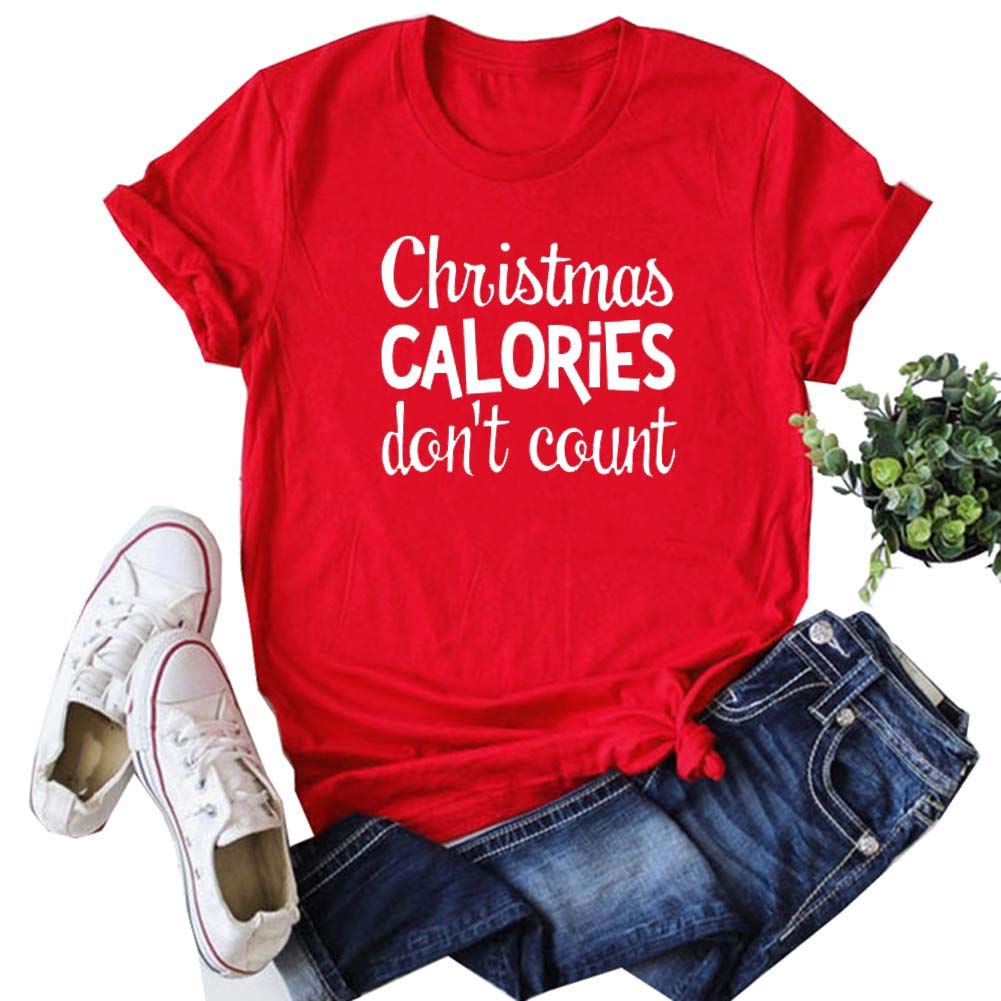 YIMISHION Funny Christmas T-Shirt for Women - 'Calories Don't Count' Holiday Sleeve Casual Tee | Perfect for Christmas Parties, Family Gatherings & Festive Outfits