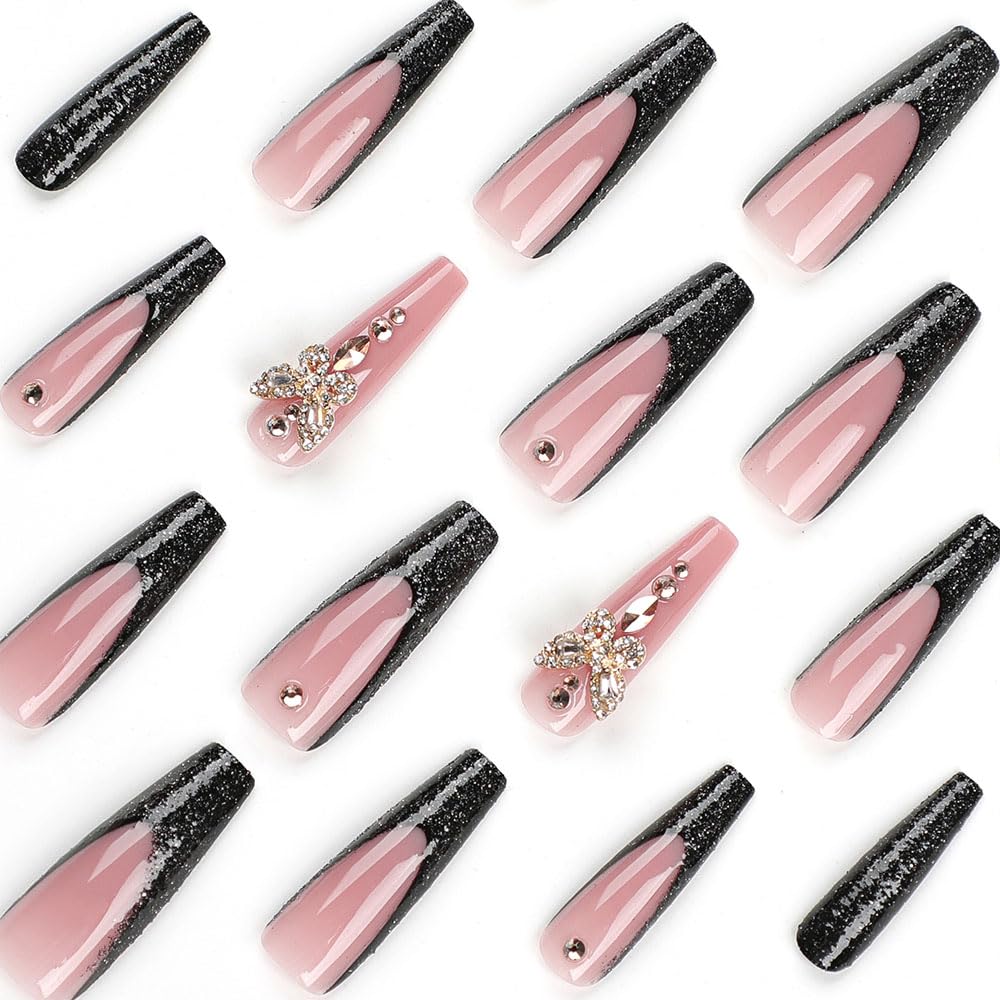 3D Butterfly Rhinestones Press on Nails - Long Coffin French Tips Black Fake Nails with Gel Glue - 24Pcs Acrylic False Stick on Nails for Women - Perfect for Wedding, Party & Special Occasion Manicure Decorations