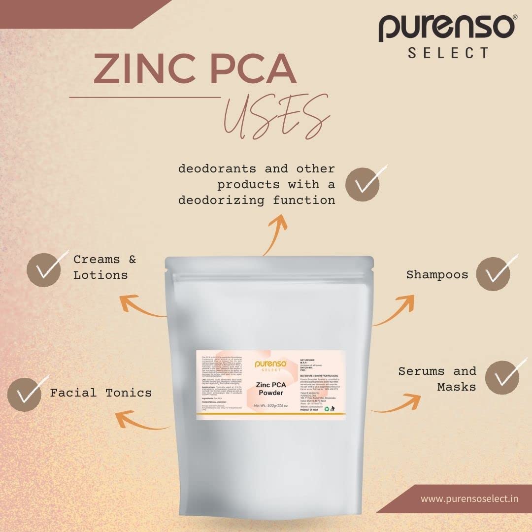 Purenso Select - Zinc PCA Powder, 500g | Skin Care & Hair Care Ingredient for Serums, Deodorants, Face Wash, Creams, Lotions, Gels, Shampoo & Conditioner | DIY Beauty Products & Cosmetic Formulations