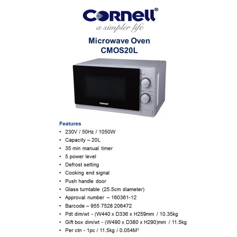 Cornell 20L Table Top Microwave Oven - Compact Countertop Microwave with 700W Power for Small Kitchens, Dorms & Offices - Perfect for Reheating, Defrosting & Quick Meals