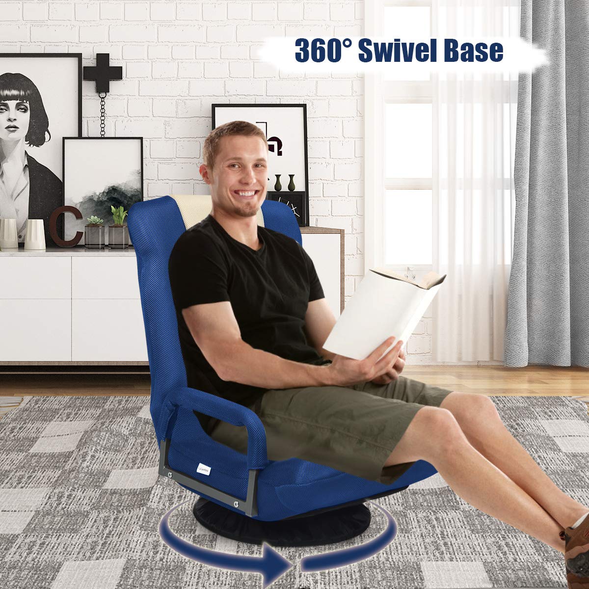 GOFLAME 360 Degree Swivel Gaming Floor Chair - Adjustable 6-Position Backrest & Armrest - Foldable Lazy Sofa Lounger for Adults - Perfect for TV Watching, Reading, Video Games & Home Office (Blue/Beige)