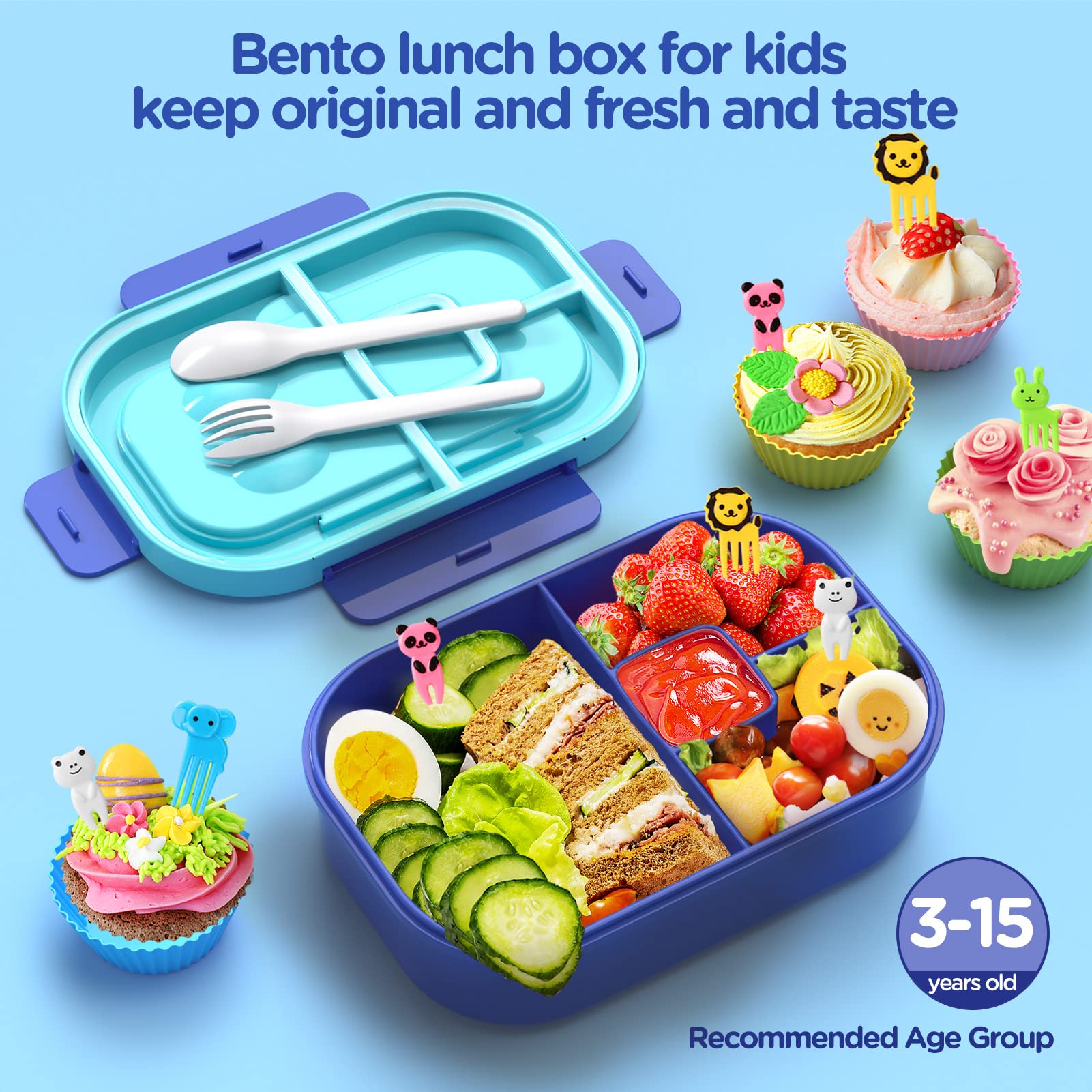 Jelife 1300ML Leak Proof Kids Bento Lunch Box - Insulated School Lunch Container for Boys & Girls with Utensils, Food Forks & Cake Cups (Blue) - Perfect for School, Picnics, Travel & Daily Meals
