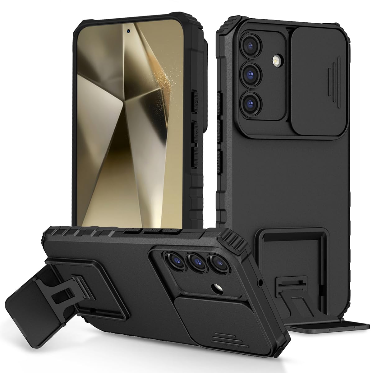 Military-Grade Shockproof Phone Case for Samsung Galaxy S24 5G (6.1 inch) - Slide Camera Lens Cover, Invisible Kickstand, Protective Armor Bumper - Black - Perfect for Women, Men & Teens - Ideal for Outdoor Activities, Work & Daily Use