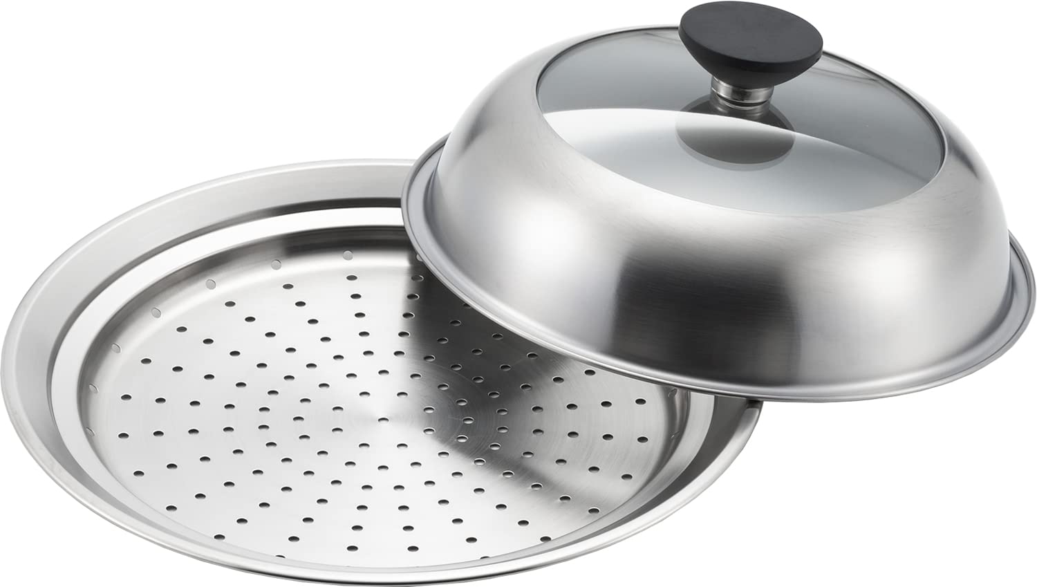 Yoshikawa YJ3211 Stainless Steel Steamer for Frying Pans (7.9-8.7 inches/20-22 cm) with Glass Lid - Japanese Made Kitchen Steamer for Healthy Cooking, Perfect for Dumplings, Vegetables & Fish