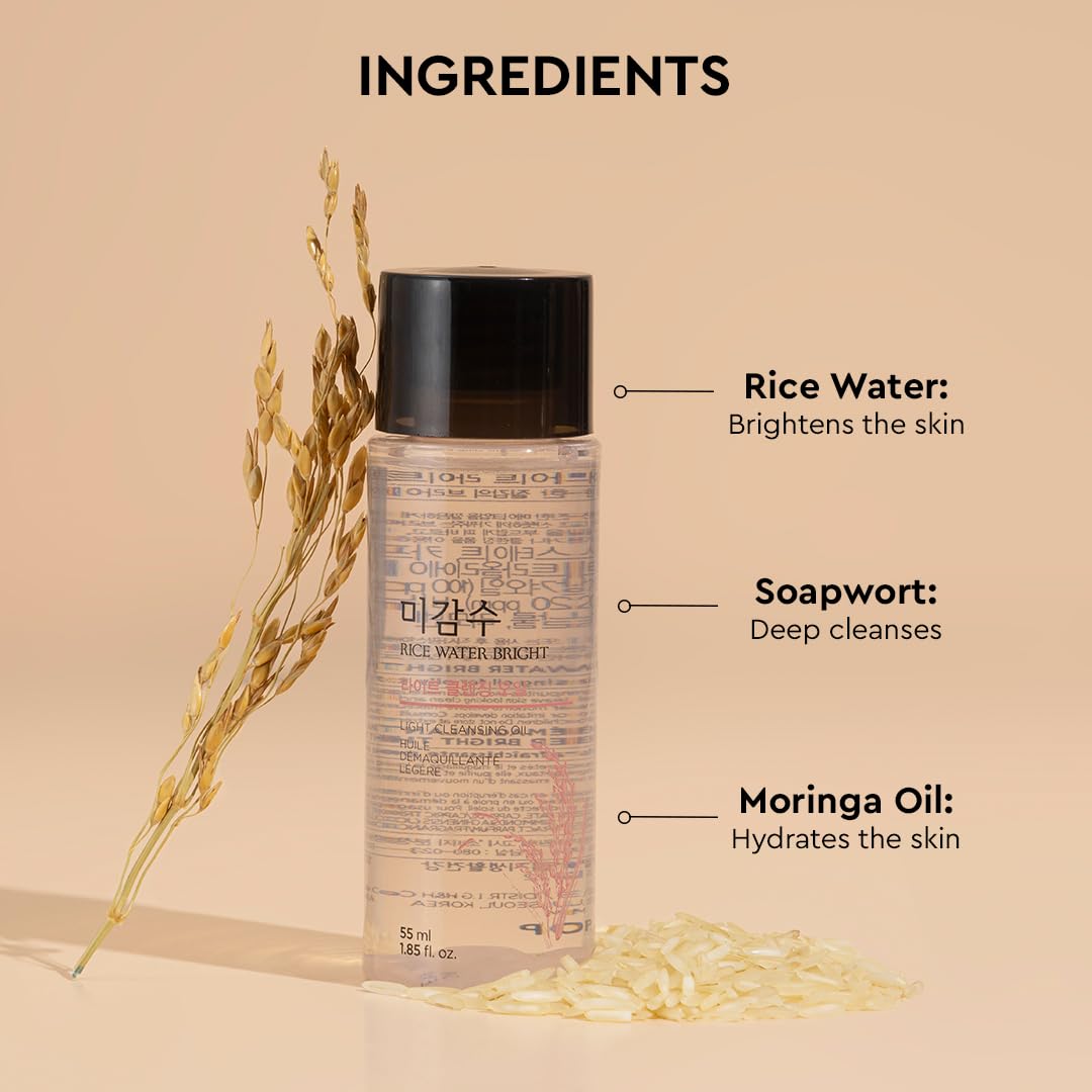 The Face Shop Rice Water Bright Light Cleansing Oil - Korean Makeup Remover for Face, Eyes & Lips | Gently Removes Waterproof Makeup & Brightens Skin with Rice Water Extract (55ml) | Perfect for Daily Skincare & Travel-Friendly Beauty Routine