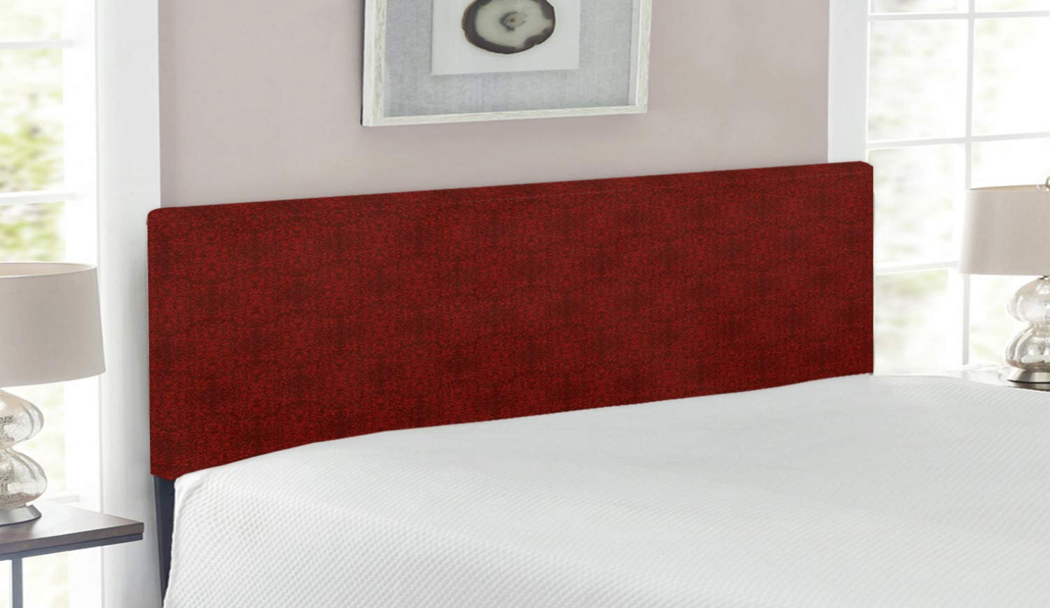 Lunarable Burgundy Upholstered Queen Size Headboard with Memory Foam - Intricate Spring Floral Motifs & Blossoming Branches Design - Elegant Metal Bed Frame for Master Bedroom Decor