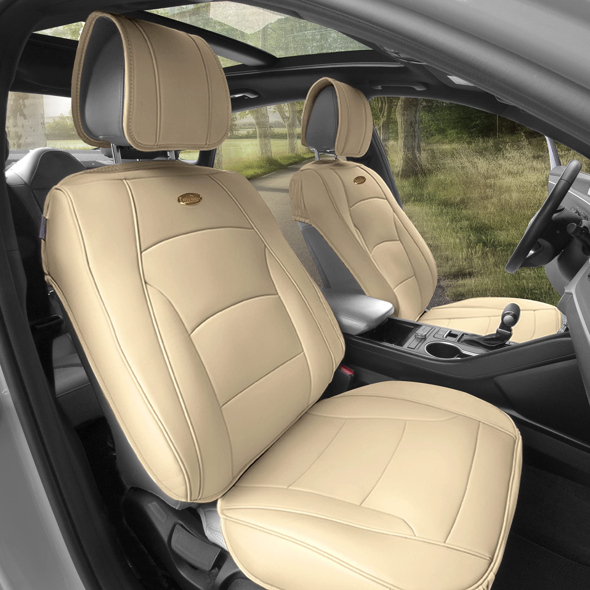 TLH Ultra Comfort Leatherette Seat Cushions - Front Only, Solid Beige Universal Fit Car Seat Covers | Waterproof Automotive Seat Protectors for Cars, Trucks & SUVs | Perfect for Commuting, Road Trips & Long Drives