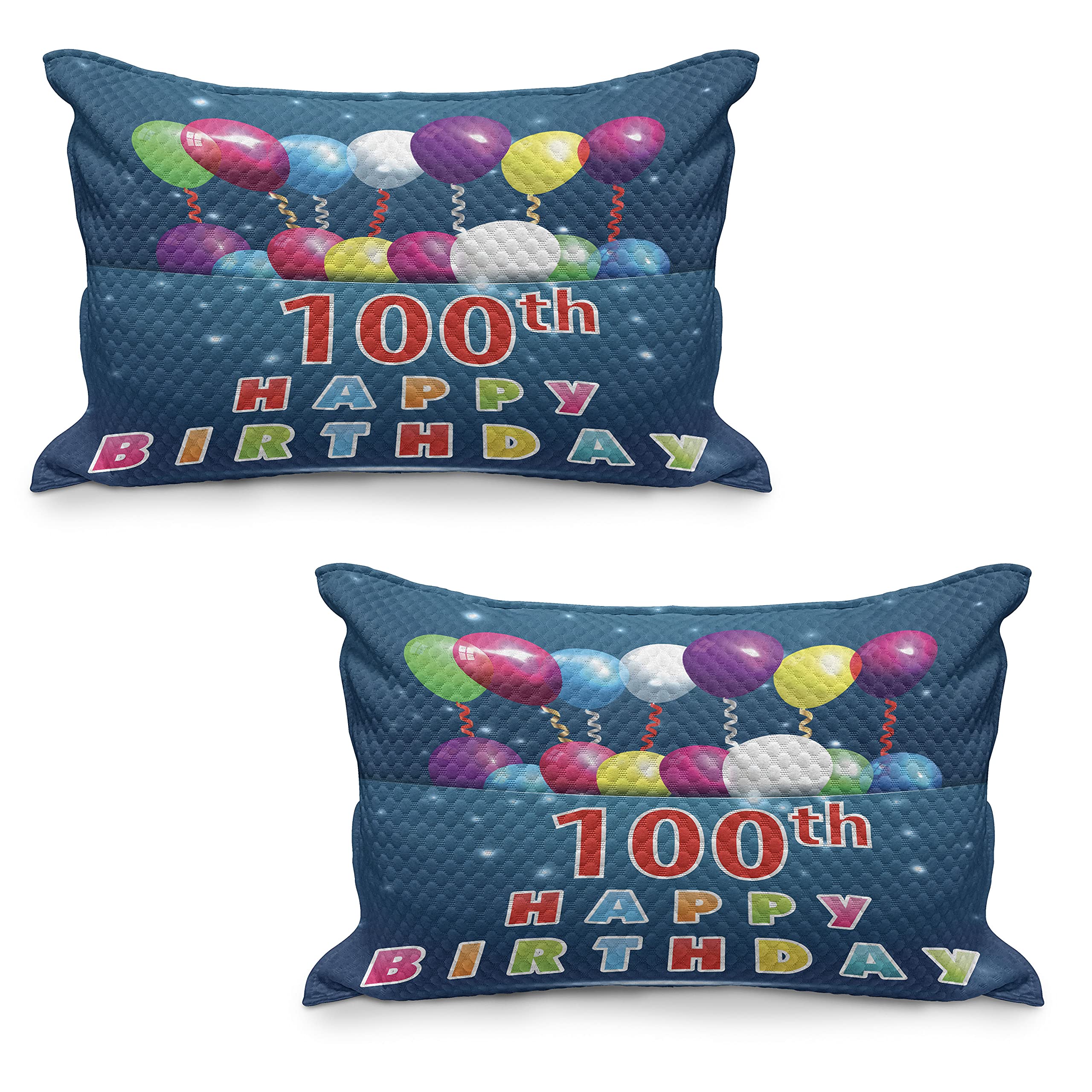 Ambesonne 100th Birthday Quilted Pillow Cover Set of 2 - Colorful Balloons & Star Dots Design - 100 Years Celebration - Standard Queen Size 30